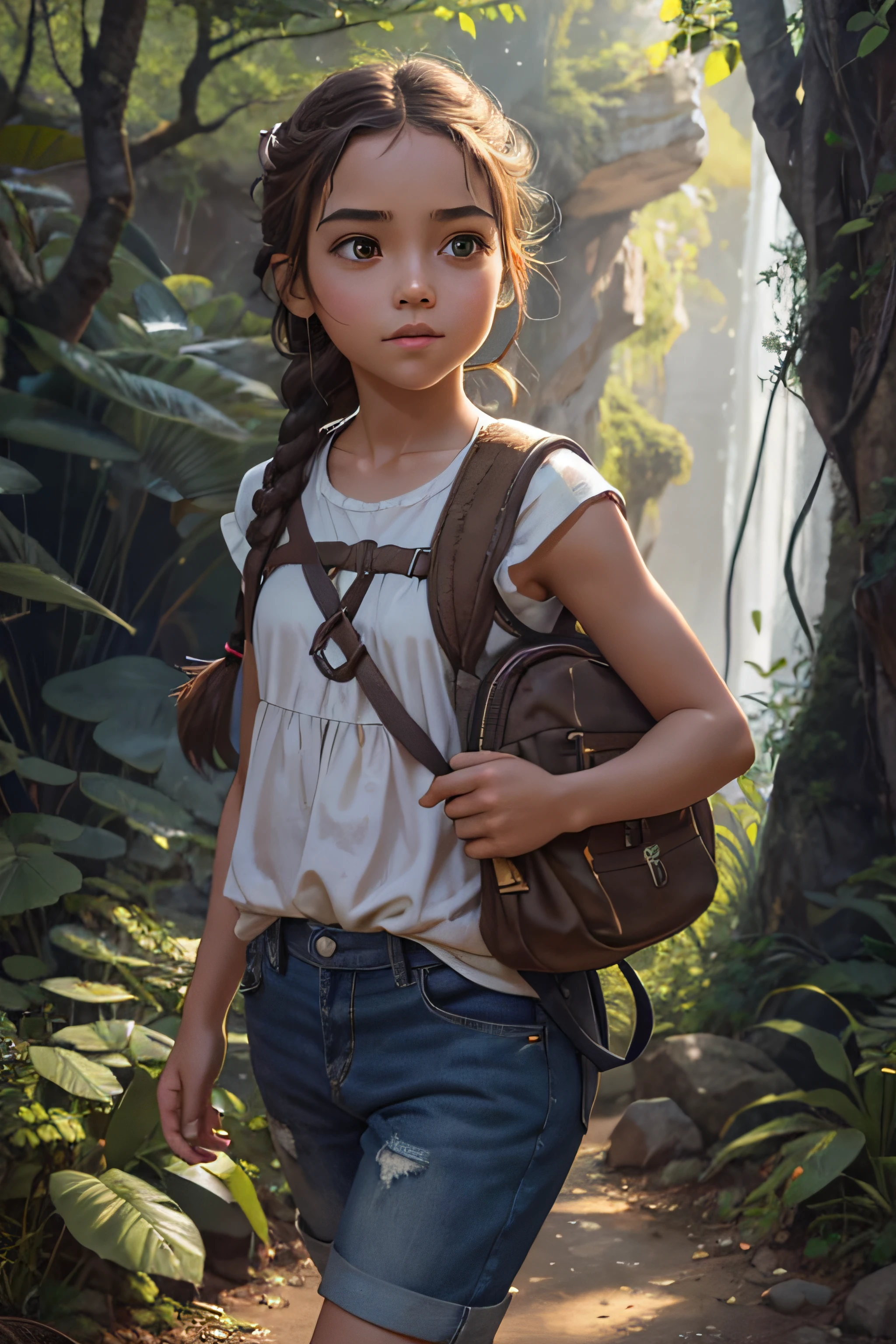 Create a realistic 3 d high resolution anime-style illustration of a -yeld gicharacter hair fulfilled with an adventurous spirit and a love of exploration. The character should have a charming and captivating appearance, com olhos grandes e brilhantes que irradiam curiosidade e entusiasmo. Your face should show a warm and friendly smile, hinting at its friendly and approachable nature.

The girl's hair should be of medium length and have a playful style that complements her adventurous personality. You can try on braids, um rabo de cavalo ou um penteado solto e ondulado que reflita seu estilo de vida ativo. A cor do cabelo pode ser qualquer sombra natural, como marrom, preto ou vermelho.

Para sua roupa, dress her in practical and comfortable clothes suitable for adventures. Ela pode usar um top de manga curta ou sem mangas, a vest with many pockets for your discoveries and durable shorts or pants. Para completar o visual, Add a pair of sturdy hiking boots or comfortable sneakers. Considere incorporar tons terrosos como verde, brown or blue to enhance outdoor and adventurous vibe.

A menina deve estar segurando um mapa ou uma lupa, symbolizing your passion for exploring and discovering new places and things. Se desejar, You can add a small backpack slung over your shoulder, contendo ferramentas essenciais para suas aventuras.

The background of the illustration should represent a lush and vibrant landscape that shows your love for the outdoors. Pode ser uma floresta densa, uma trilha de montanha rochosa ou um campo aberto com flores silvestres. The setting should inspire a sense of wonder and spark viewers' imaginations about the girl's upcoming adventures.

No geral, The illustration should capture the essence of a bold and curious 10-year-old girl, encouraging young readers to embrace their adventurous spirit and embark on exciting journeys. --auto