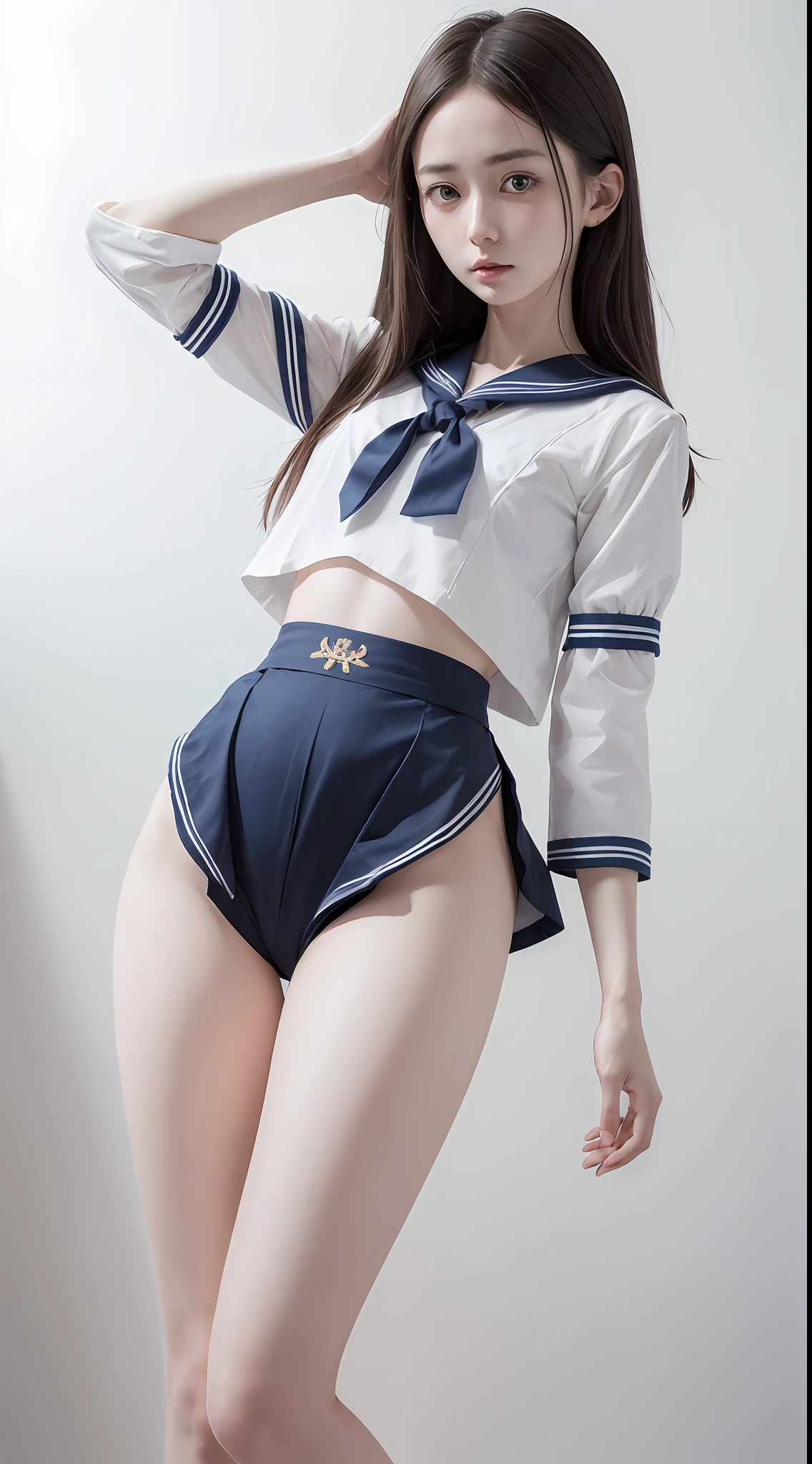 raw photo, dynamic pose, (messy hair, 1girl, pale skin, chinese, delicate face, intricate details), (sailor uniform, shorts), (small waist, (wide thigh gap):1.2), ((wide legs):1.2), white background, masterpiece