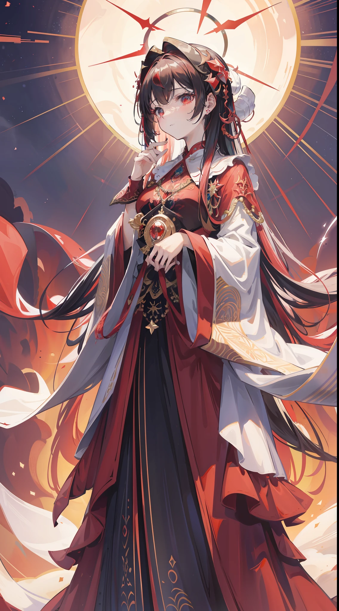 the fallen angel, chies, Solemn, DOA, Halo, Red boundary line,stars,4K,intricate headpiece,Complex hairstyles,Don't take items,Dress conservatively when standing,The beautiful,intricate hair,long whitr hair