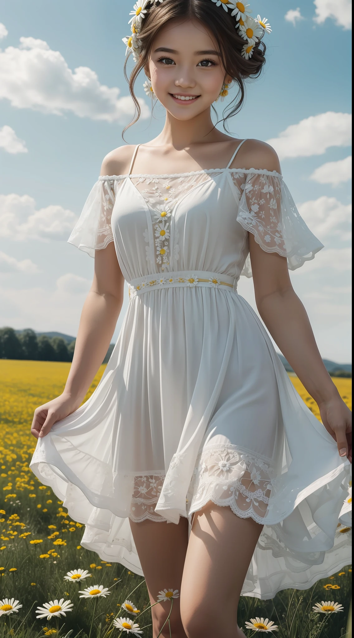 The cheerful Daisy radiates innocence and simplicity. She wears a dainty white dress with a touch of yellow, symbolizing her bright outlook. Her makeup is fresh and natural, accentuating her bright eyes, and she poses with a gentle sway, like a carefree wanderer in a meadow