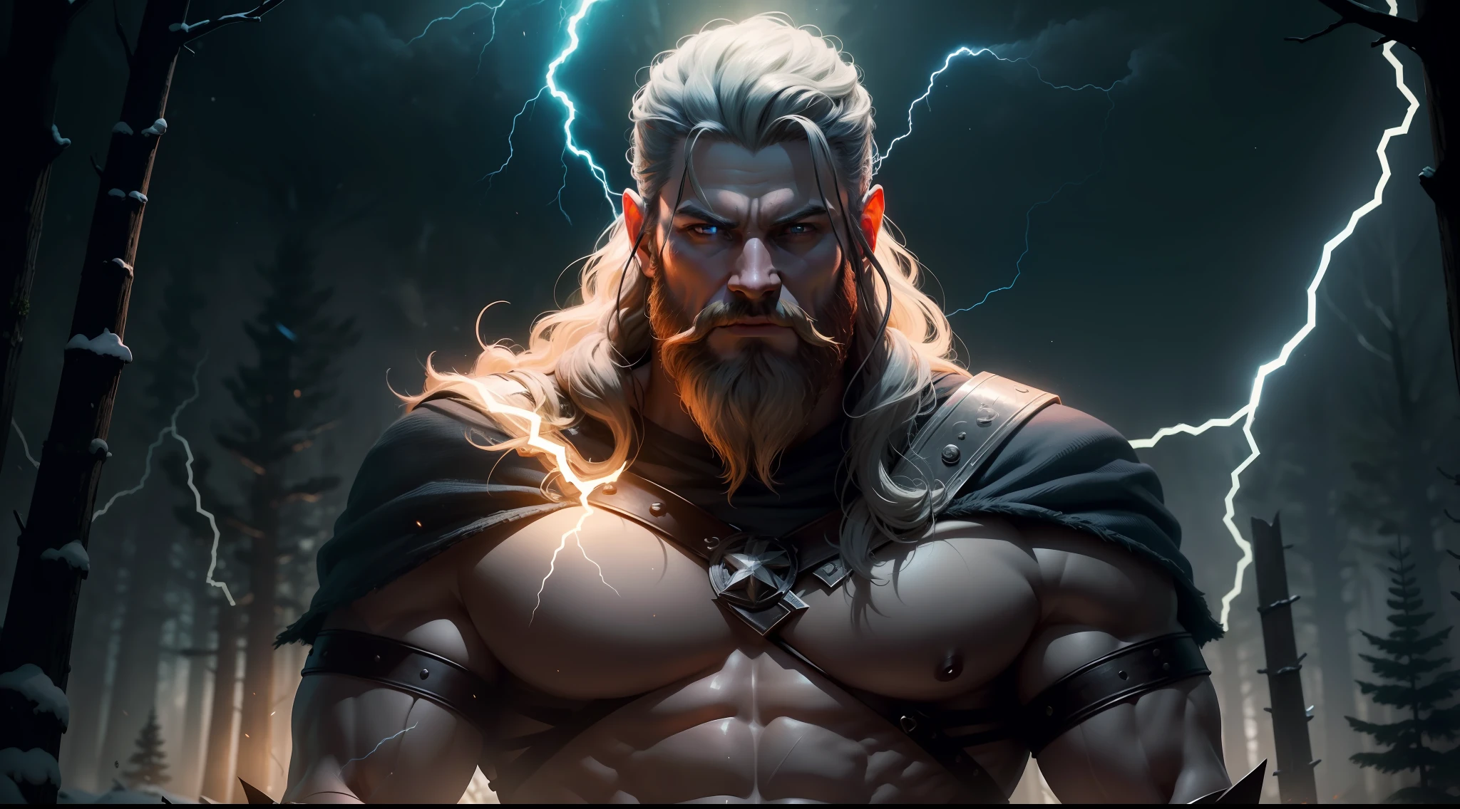 I want you to create a Viking God, com super poderes, He's shining with so much power! the scene of this god he is on a dark night bm, illuminating the forest behind him, he is the God of Lightning! Do it in Ultra 4K on a dark night.