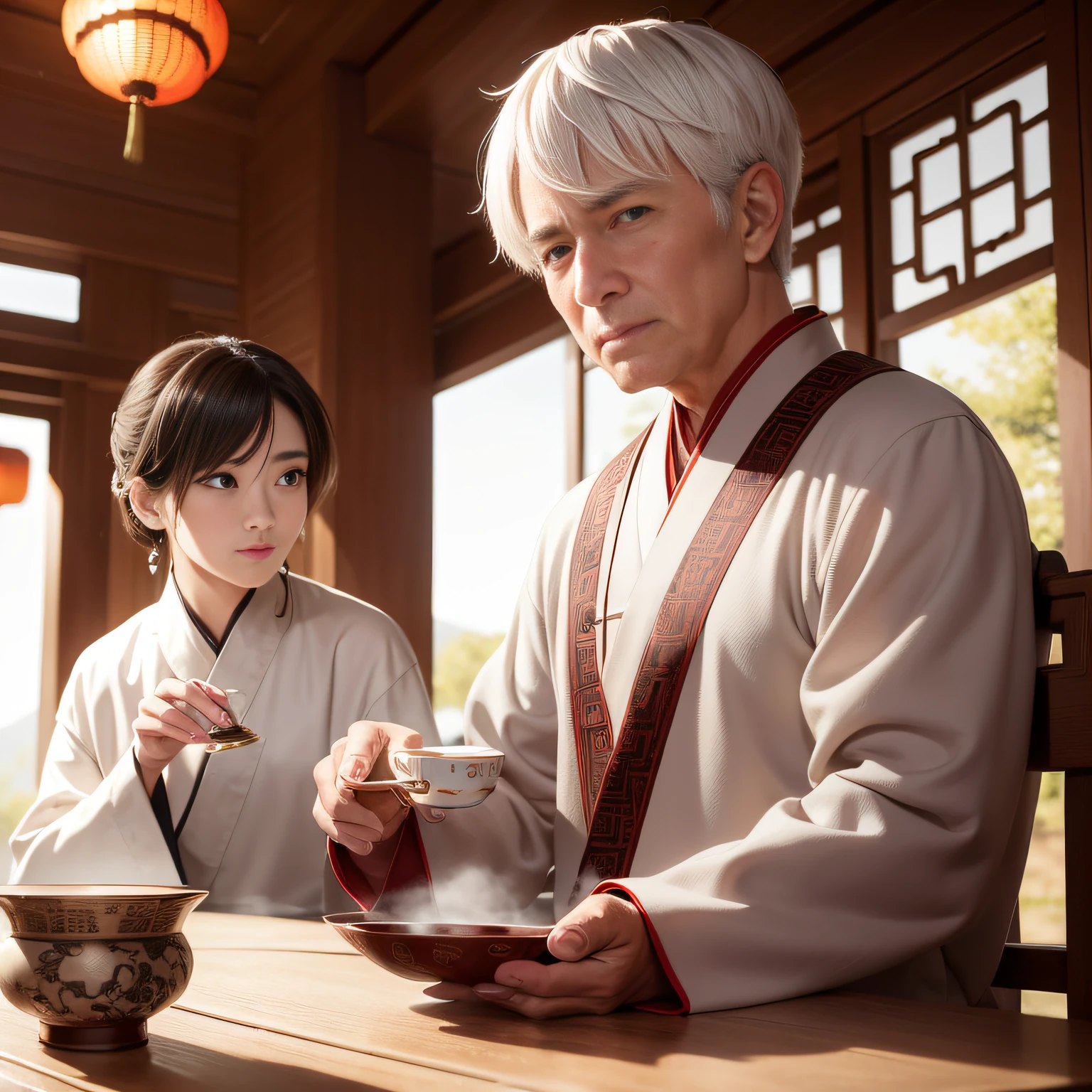 8K，tmasterpiece，Natural lighting，ancient chinese background，High hills，Cloud fog，rios，sitting before a table，Ruyao teacup，Outdoor photography，sface focus，detailed face with，facial wrinkle，Relaxed expression，（2 people），Opposite，Male elderly，White hair，Hairpins，Chinese Han dynasty costumes，Boy
