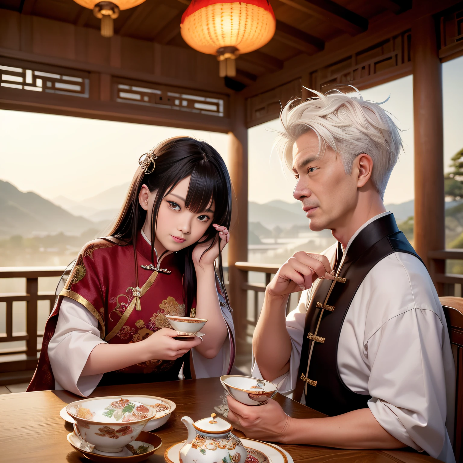8K，tmasterpiece，Natural lighting，ancient chinese background，High hills，Cloud fog，rios，sitting before a table，Chinese teacup，Outdoor photography，sface focus，detailed face with，facial wrinkle，Relaxed expression，（2 people），Opposite，Male elderly，White hair，Hairpins，Chinese Han dynasty costumes，Boy