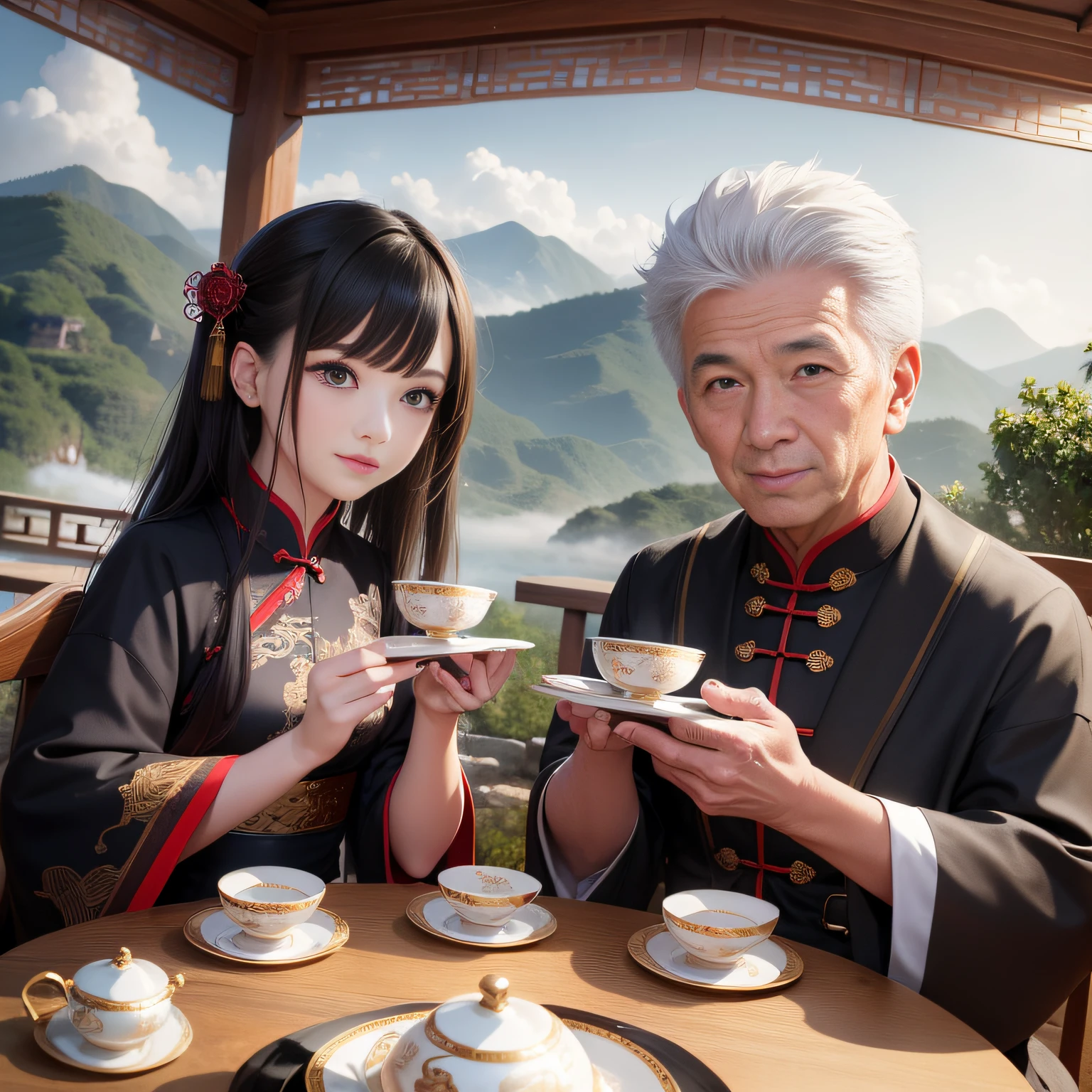 8K,tmasterpiece,Natural lighting,ancient chinese background,High hills,Cloud fog,rios,sitting before a table,Chinese style handleless teacup,Outdoor photography,sface focus,detailed face with,facial wrinkle,Relaxed expression,(2 people),Opposite,Male elderly,White hair,Hairpins,Chinese Han dynasty costumes,Boy
