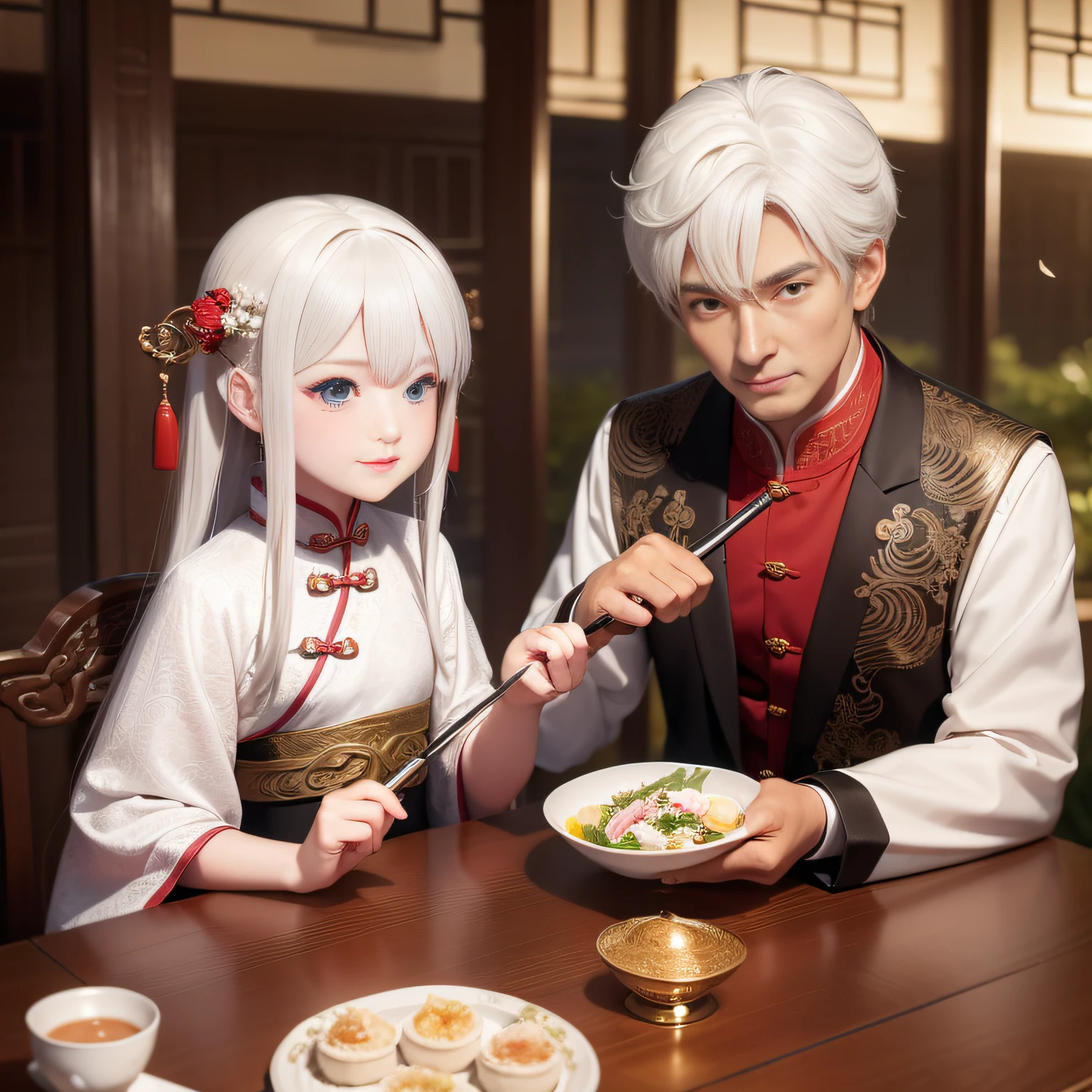8K,tmasterpiece,Natural lighting,ancient chinese background,High hills,Cloud fog,rios,sitting before a table,Hand presser cup,Outdoor photography,sface focus,detailed face with,facial wrinkle,Relaxed expression,(2 people),Opposite,Male elderly,White hair,Hairpins,Chinese Han dynasty costumes,Boy