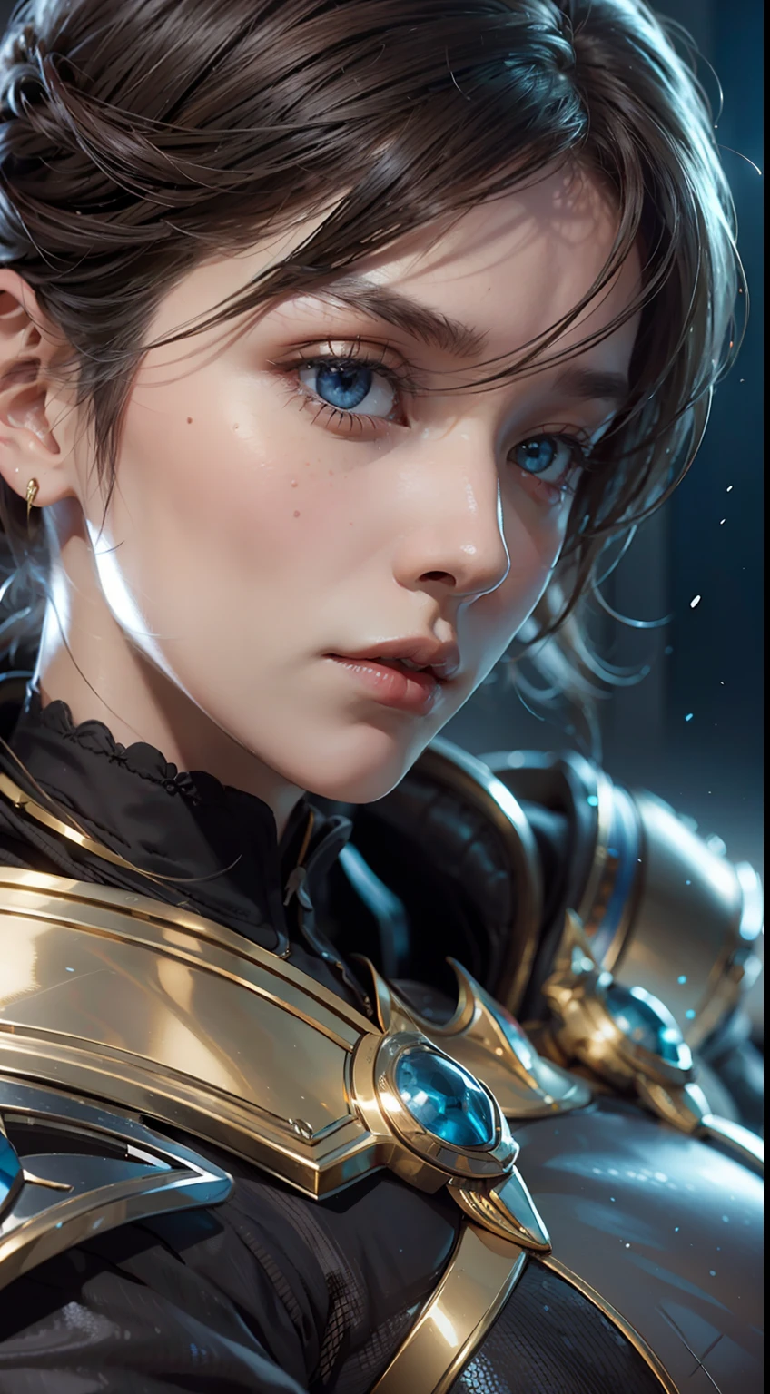 8k,Ultra detailded, Masterpiece, Best quality, (Extremely detailed), Angle dynamique, Mysterious expression, Effet de vent, Contexte fantastique, Rim Lighting, cinematic light, ultra highres, 8K UHD, grain du film,Meilleure ombre, Delicate, .RAW, Light particles, detailed skin texture, detailed armor texture, Detailed face, Complex details, Ultra detailded, brillant, fort, golden armor, (Marteau de maintien), fracassant, Action de smash, Pauldrons, Des yeux brillants, Cap Long, fantaisie, (Realstic), shoulder armor, complexe, complexee, perfect lighting, Regarder le spectateur, lighting cinematic, Voler dans le ciel,volant, holy light, vif, frange, venteux
