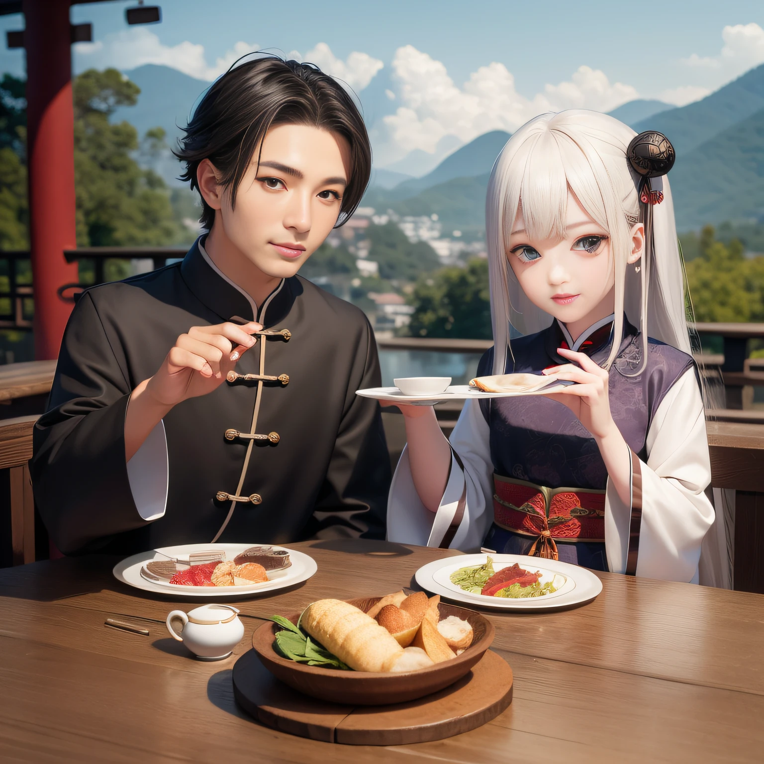 8K,tmasterpiece,Natural lighting,ancient chinese background,High hills,Cloud fog,rios,sitting before a table,Hand presser cup,Outdoor photography,sface focus,detailed face with,facial wrinkle,Relaxed expression,(2 people),Opposite,Male elderly,White hair,Hairpins,Chinese Han dynasty costumes,Boy