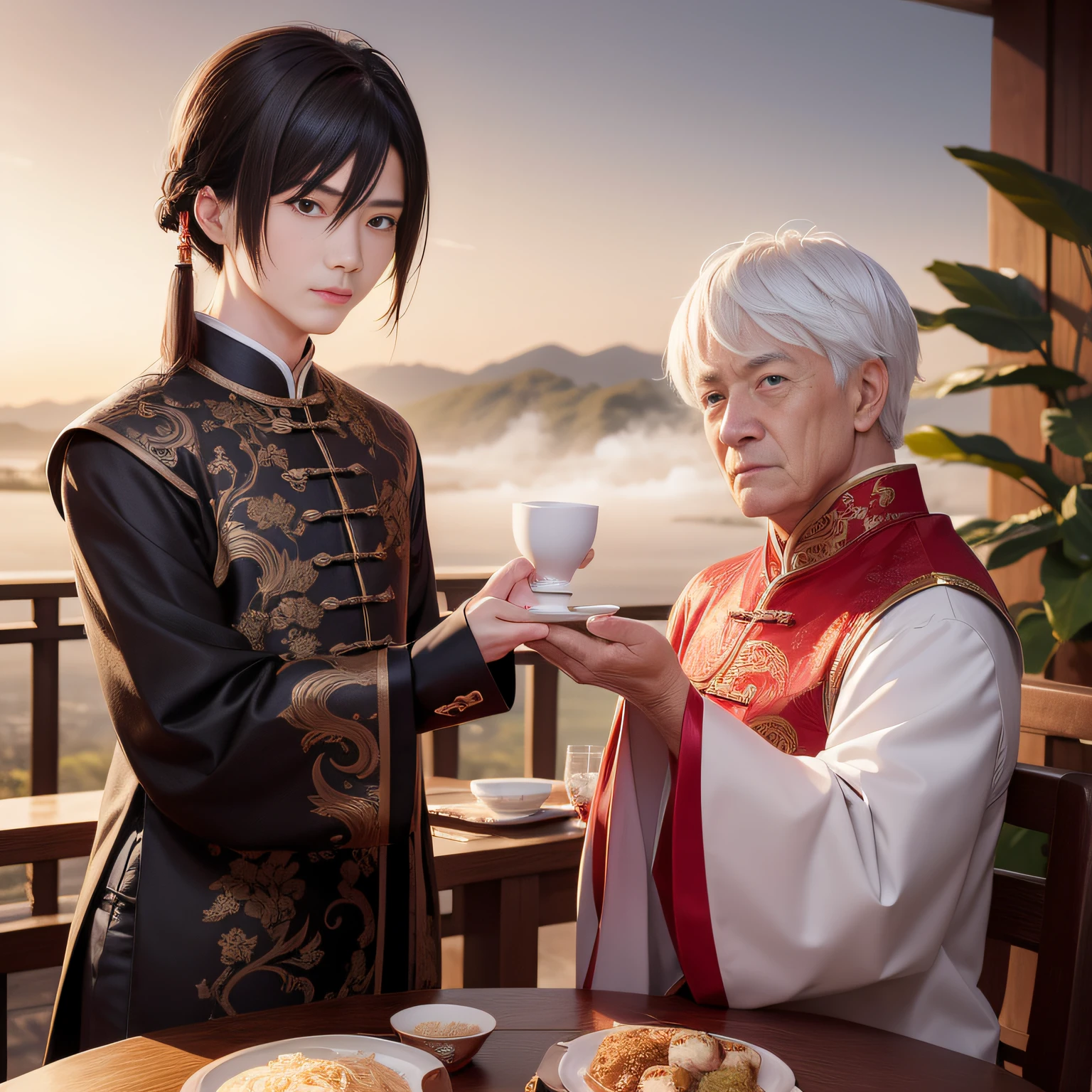 8K,tmasterpiece,Natural lighting,ancient chinese background,High hills,Cloud fog,rios,sitting before a table,Hand presser cup,Outdoor photography,sface focus,detailed face with,facial wrinkle,Relaxed expression,(2 people),Opposite,Male elderly,White hair,Hairpins,Chinese Han dynasty costumes,Boy