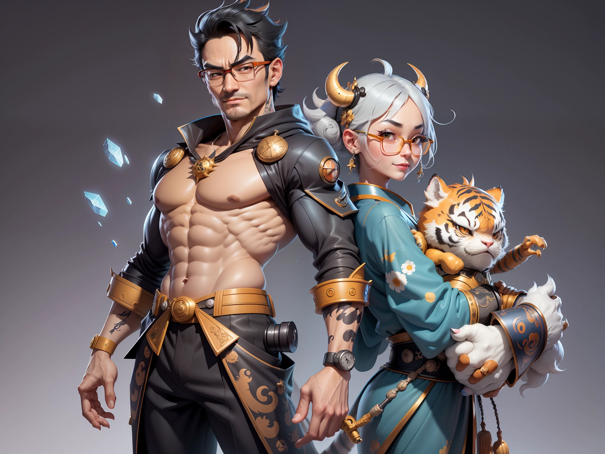 (Masterpiece), (Excellent), (Super Meticulous), (Full Body: 1.2), Super Young Man with Japanese Female Geisha, Pretty, Beautiful, Chinese Dragon, Tiger, Wind God Thor, Sexy, Bursting, Oriental Face, TV Anchor, Bust Portrait Illustration, Black Suit, Blue Tie, Slightly Chubby Face, Silver Glasses, Very Clean Face, No Beard on Chin, Black Super Short Hair, Black Eyes, Confident Smile, 3c Computer Sub-Products, iPad, iPhone, Digital Painting, 3D character design by Mark Clairedon and Pixar and Hayao Miyazaki and Akira Toriyama, the illustrations are HD illustrations in 4K resolution with highly detailed facial features and cartoon-style visuals.