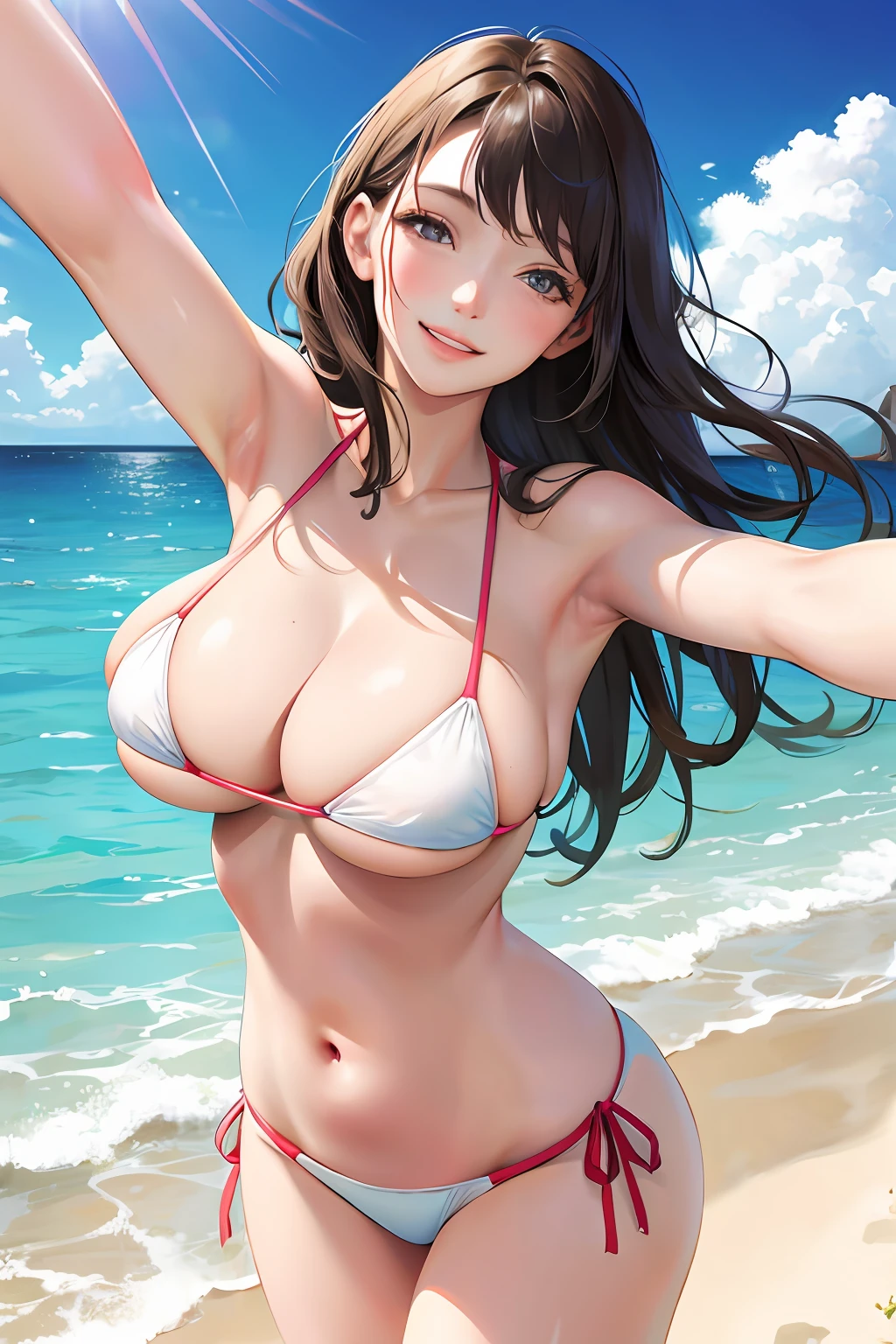 Realistic, single girl selfie, wearing bikini, big breasts, smiling face