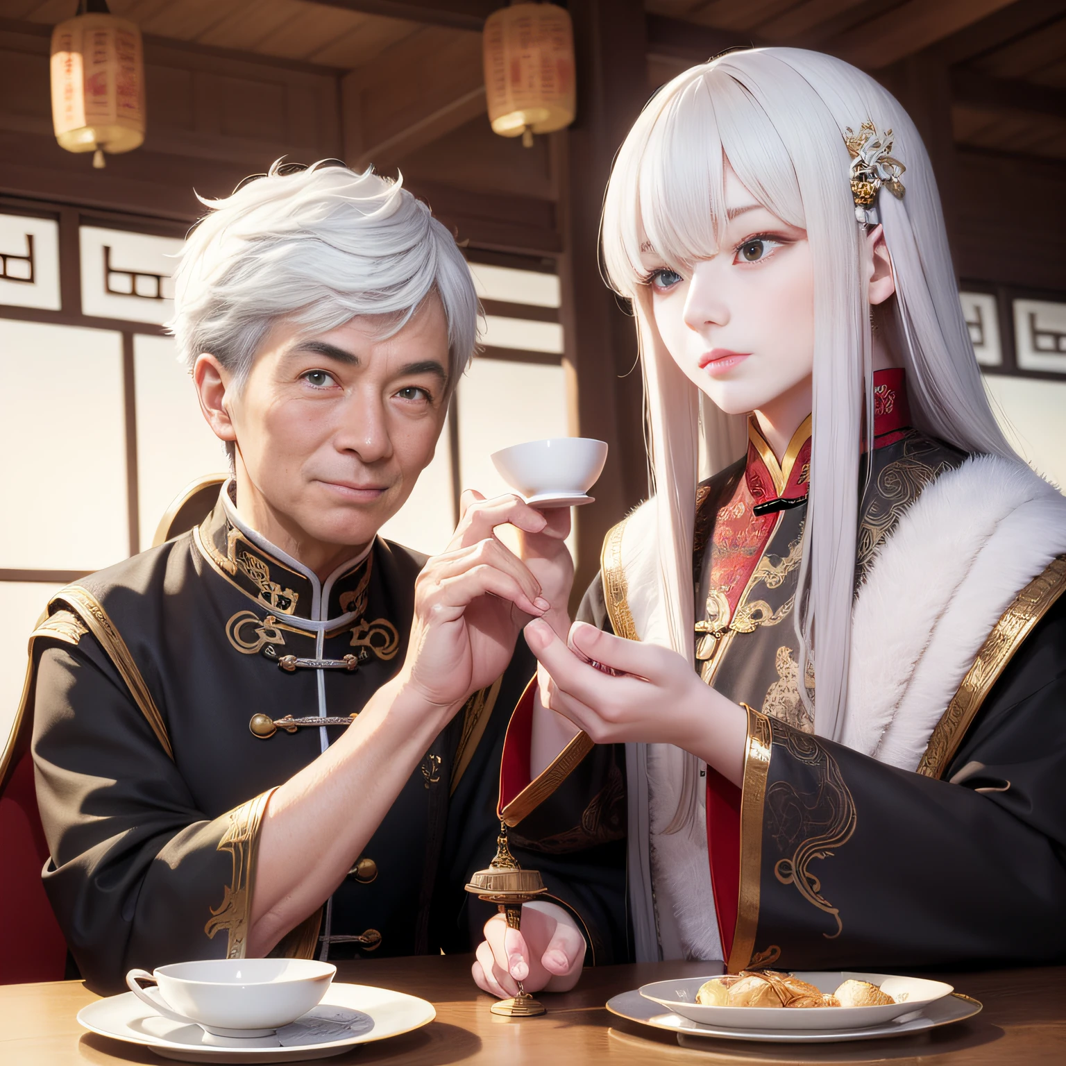 8K,tmasterpiece,Natural lighting,ancient chinese background,High hills,Cloud fog,rios,sitting before a table,Hand presser cup,Outdoor photography,sface focus,detailed face with,facial wrinkle,Relaxed expression,(2 people),Opposite,Male elderly,White hair,Hairpins,Chinese Han dynasty costumes,Boy