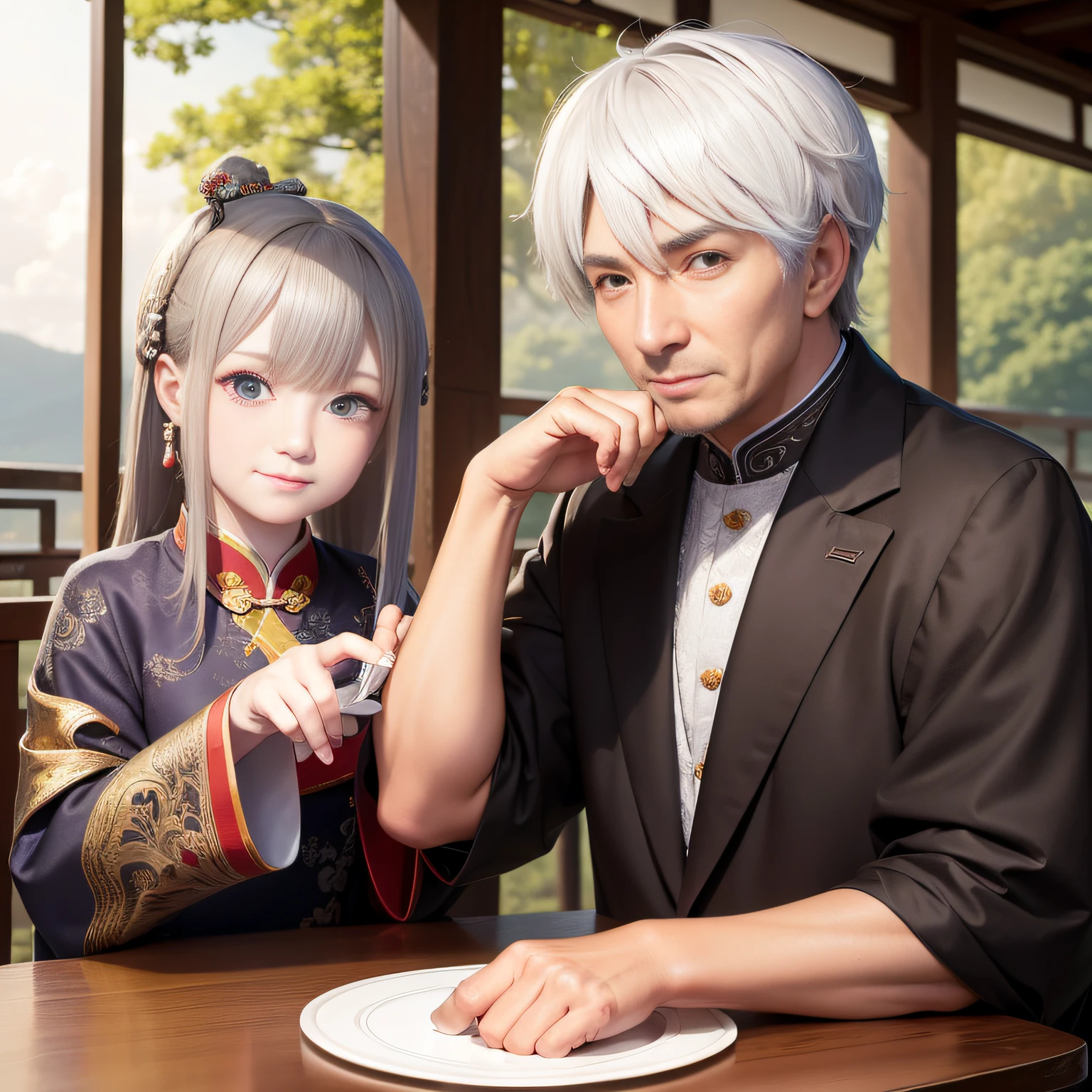 8K,tmasterpiece,Natural lighting,ancient chinese background,High hills,Cloud fog,rios,sitting before a table,Hand presser cup,Outdoor photography,sface focus,detailed face with,facial wrinkle,Relaxed expression,(2 people),Opposite,Male elderly,White hair,Hairpins,Chinese Han dynasty costumes,Boy