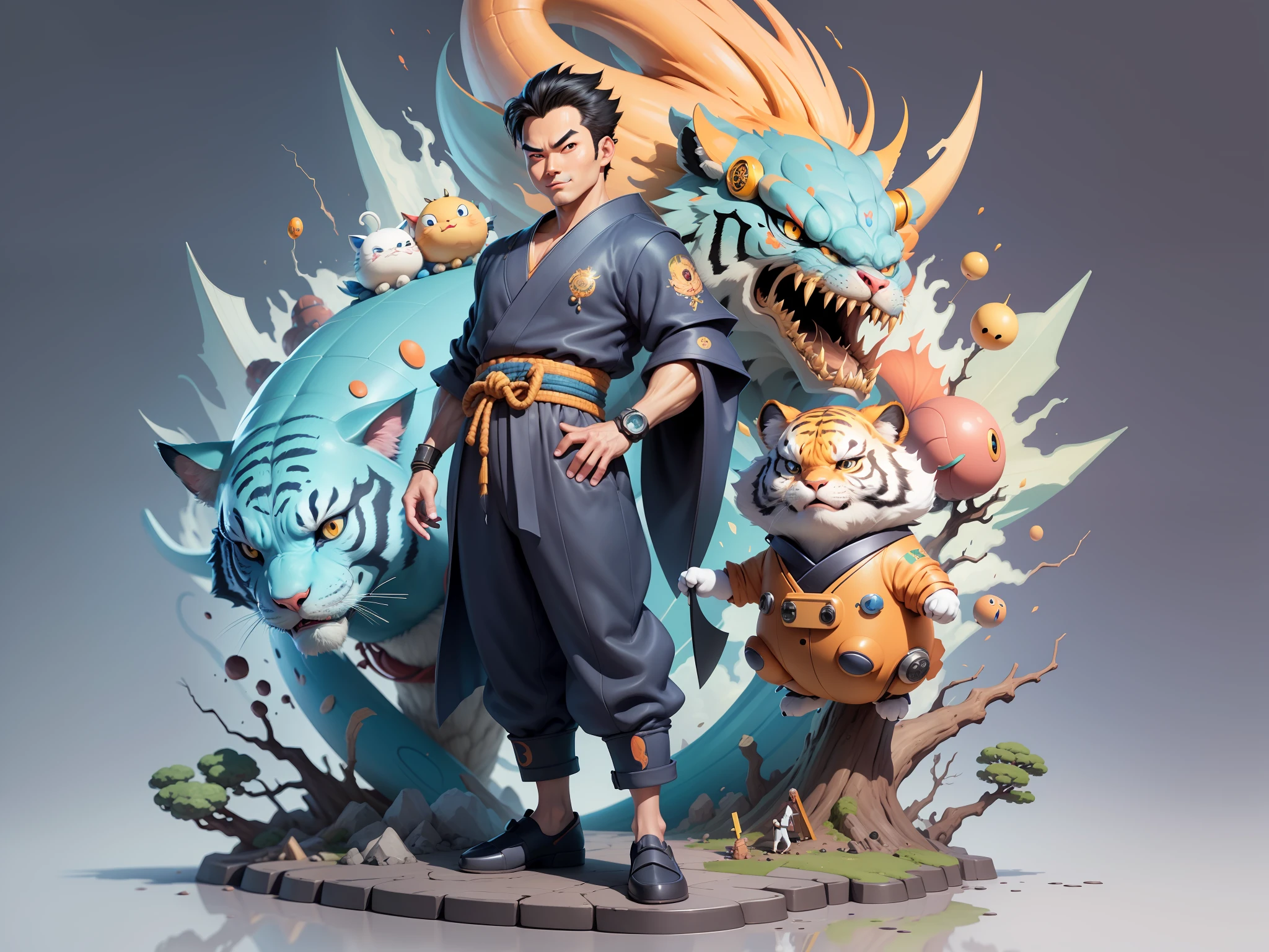 (Masterpiece), (Excellent), (Super Meticulous), (Full Body: 1.2), Super Young Man, Oriental Face, Japanese Kimono, Japanese Wind Thunder God, Dragon, Tiger, TV Anchor, Bust Portrait Illustration, Alone, Black Suit, Blue Tie, Slightly Chubby Face, Very Clean Face, No Beard, Black Super Short Hair, Black Eyes, Confident Smile, 3c Computer Sub-Products, iPad, iPhone, Digital Painting, 3D Character Design by Akira Toriyama and Mark Claireden and Pixar and Hayao Miyazaki, The illustration is a high-definition illustration in 4K resolution with very detailed facial features and cartoon-style visuals.