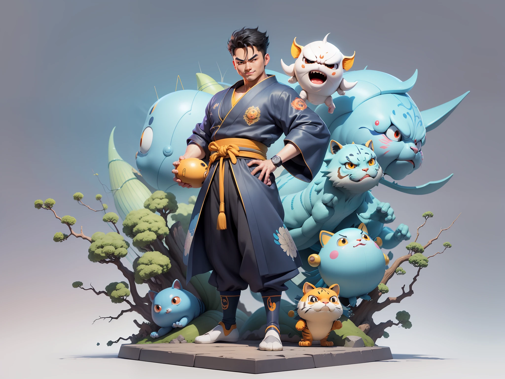 (Masterpiece), (Excellent), (Super Meticulous), (Full Body: 1.2), Super Young Man, Oriental Face, Japanese Kimono, Japanese Wind Thunder God, Dragon, Tiger, TV Anchor, Bust Portrait Illustration, Alone, Black Suit, Blue Tie, Slightly Chubby Face, Very Clean Face, No Beard, Black Super Short Hair, Black Eyes, Confident Smile, 3c Computer Sub-Products, iPad, iPhone, Digital Painting, 3D Character Design by Akira Toriyama and Mark Claireden and Pixar and Hayao Miyazaki, The illustration is a high-definition illustration in 4K resolution with very detailed facial features and cartoon-style visuals.