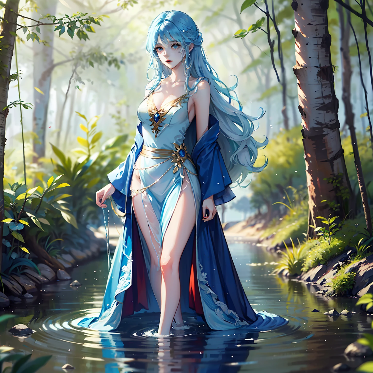 woman, beautiful, blue-haired, wearing long  blue dress, long-haired, sacred, mysterious, walking on water, in the forest, alone, woman whose body made of water