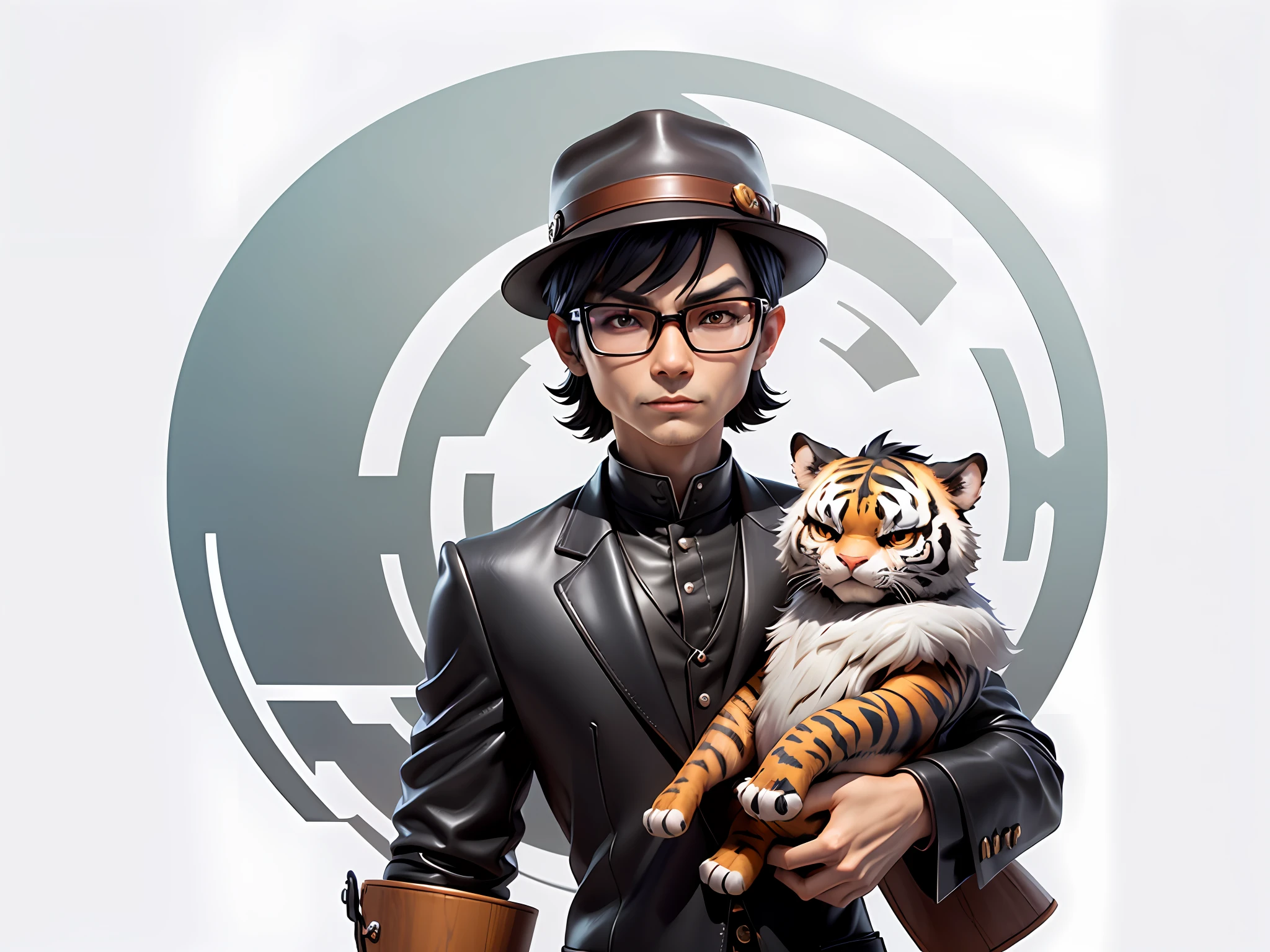 Young man with leather hat, tiger, dragon, oriental face in formal suit, short black hair, silver glasses, digital painting, 3D character design by Mark Clairedon and Pixar and Hayao Miyazaki and Akira Toriyama, the illustration is a high-definition illustration in 4K resolution with very detailed facial features and cartoon-style visuals.