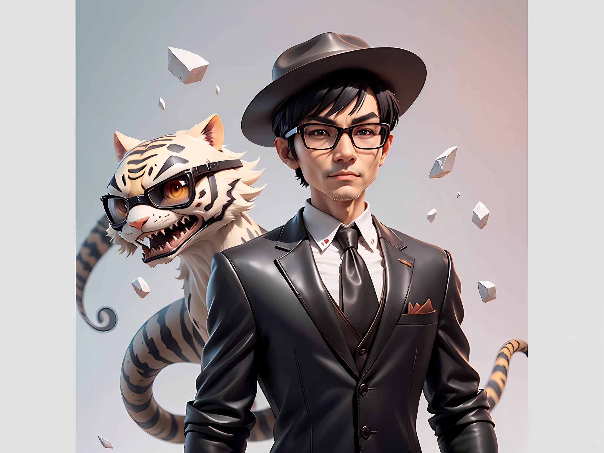Young man with leather hat, tiger, dragon, oriental face in formal suit, short black hair, silver glasses, digital painting, 3D character design by Mark Clairedon and Pixar and Hayao Miyazaki and Akira Toriyama, the illustration is a high-definition illustration in 4K resolution with very detailed facial features and cartoon-style visuals.