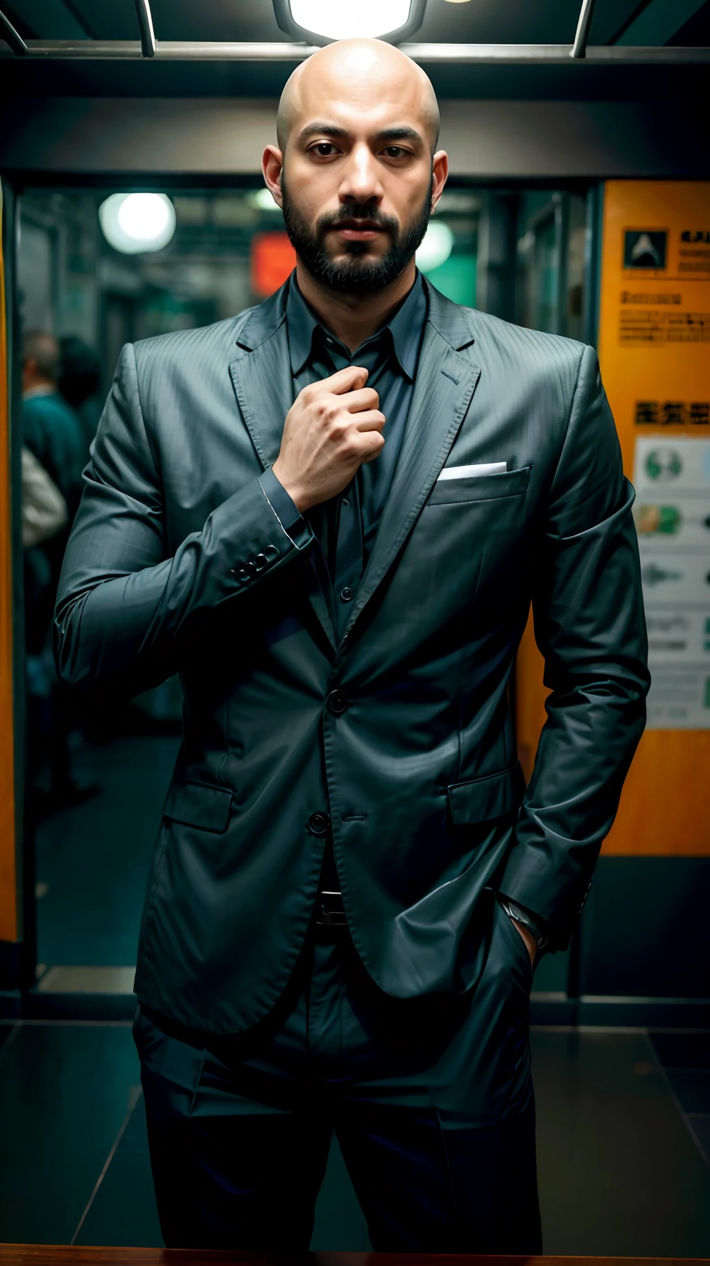 (1homem 29 anos), sozinho, Homem careca, estiloso e elegante, Usando(verde-formal_naipe, jewelries), fotografia(medium shot), retrato, sentado-poses, homem careca 29 anos, Pov, Blurry_Background Story, Background Story(futurista-metro_season), (fotorrealista, absurdos, Melhor_qualidade:1.55),