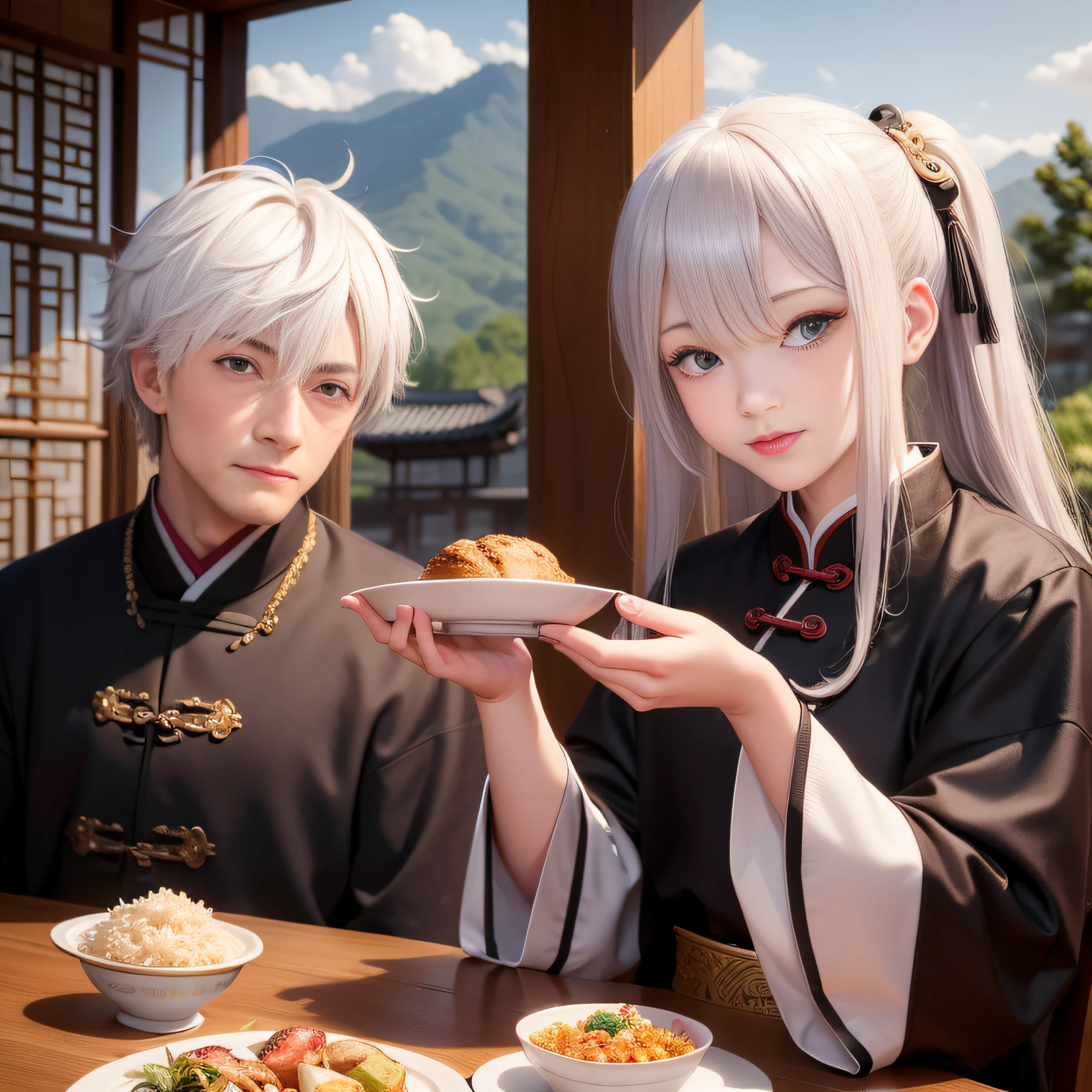 8K，tmasterpiece，Natural lighting，ancient chinese background，High hills，Cloud fog，rios，sitting before a table，Chicken cup，Outdoor photography，sface focus，detailed face with，facial wrinkle，Relaxed expression，（2 people），Opposite，Male elderly，White hair，Hairpins，Chinese Han dynasty costumes，Boy