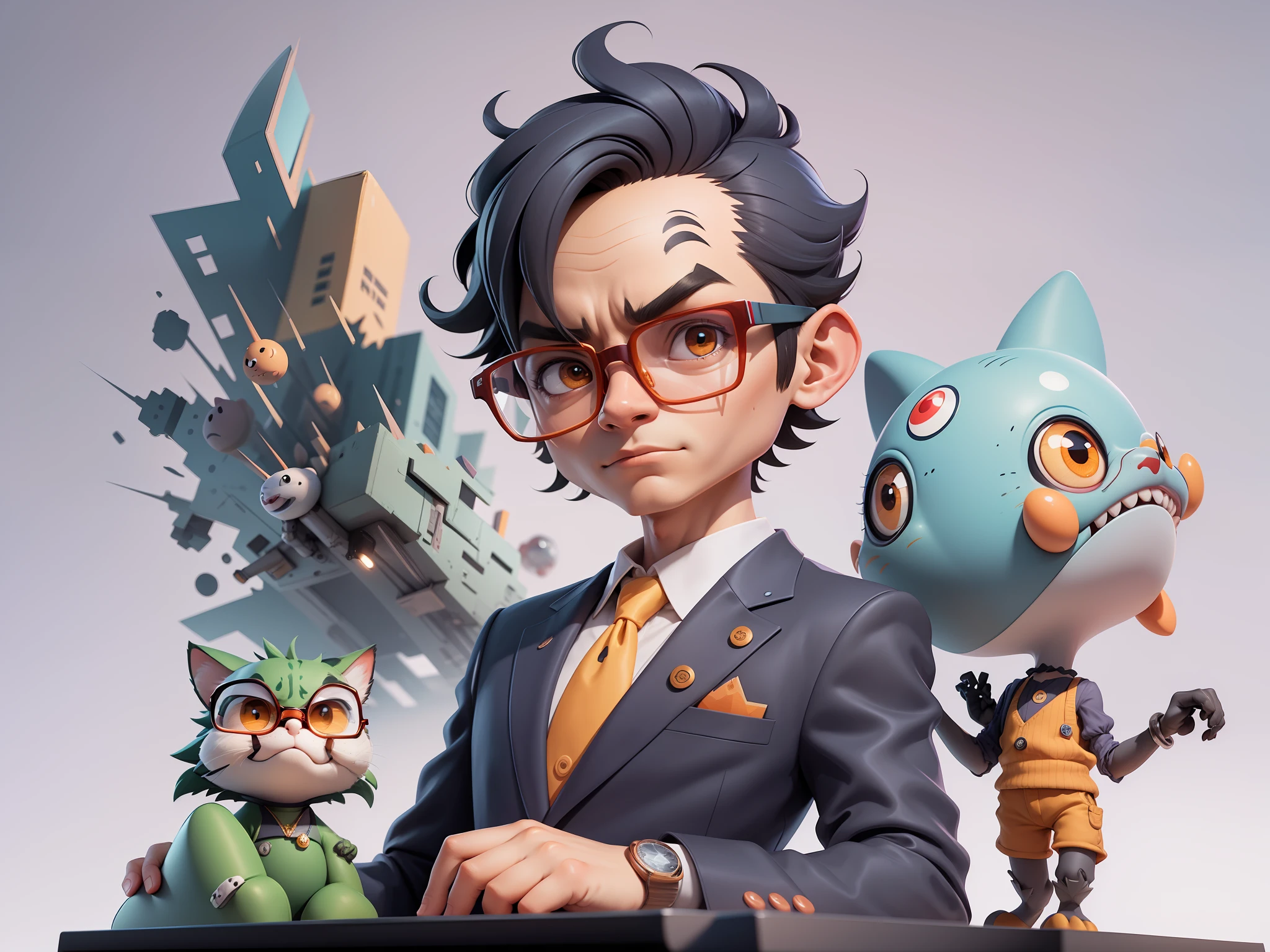A young man in a suit, Short hair and glasses sat at his desk，holding laptop，digitial painting，tigre，3D character design by Mark Clairen and Pixar and Hayao Miyazaki and Akira Toriyama，4K HD illustration，Very detailed facial features and cartoon-style visuals。