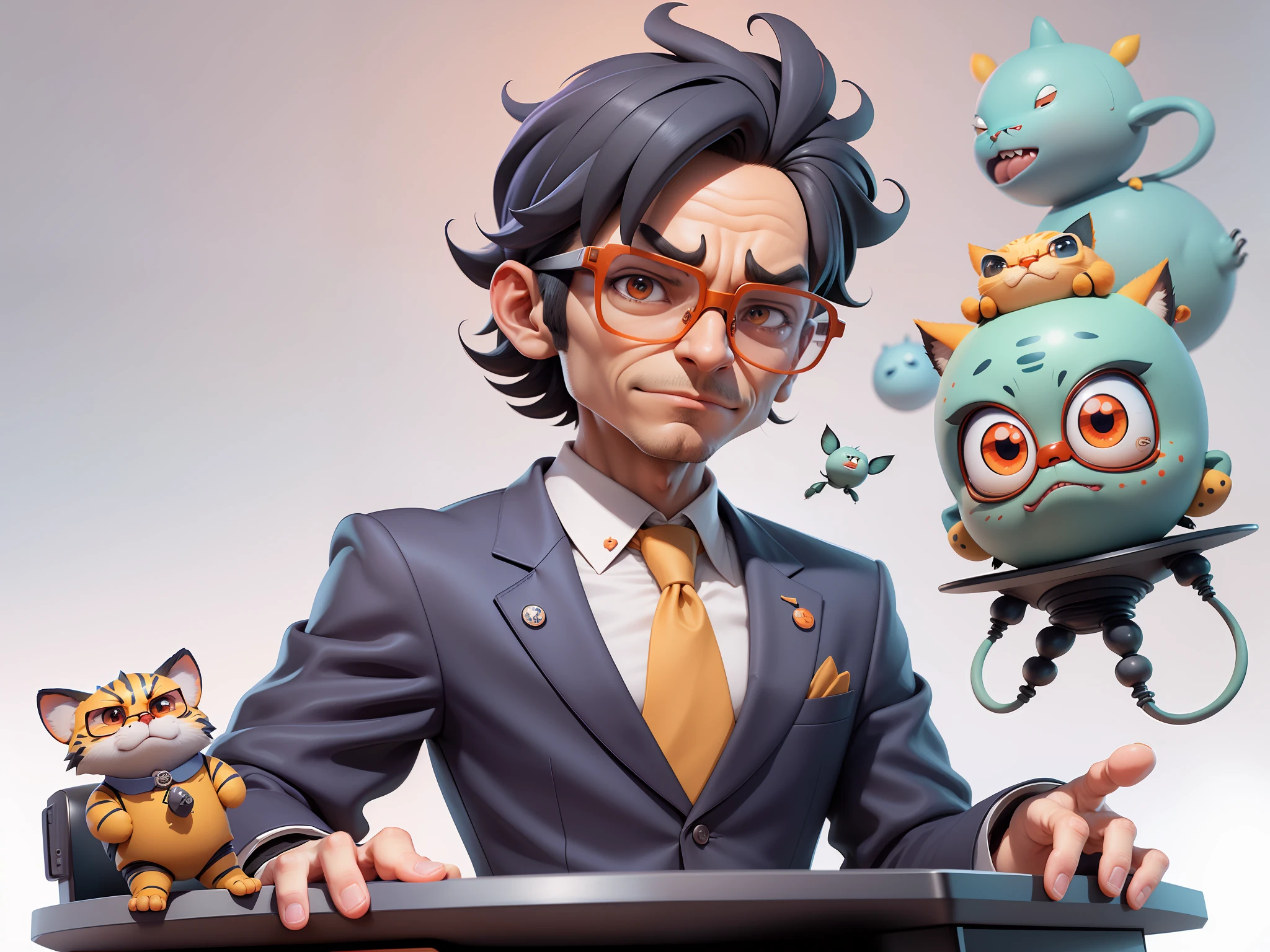 A young man in a suit, Short hair and glasses sat at his desk,holding laptop,digitial painting,tigre,3D character design by Mark Clairen and Pixar and Hayao Miyazaki and Akira Toriyama,4K HD illustration,Very detailed facial features and cartoon-style visuals。