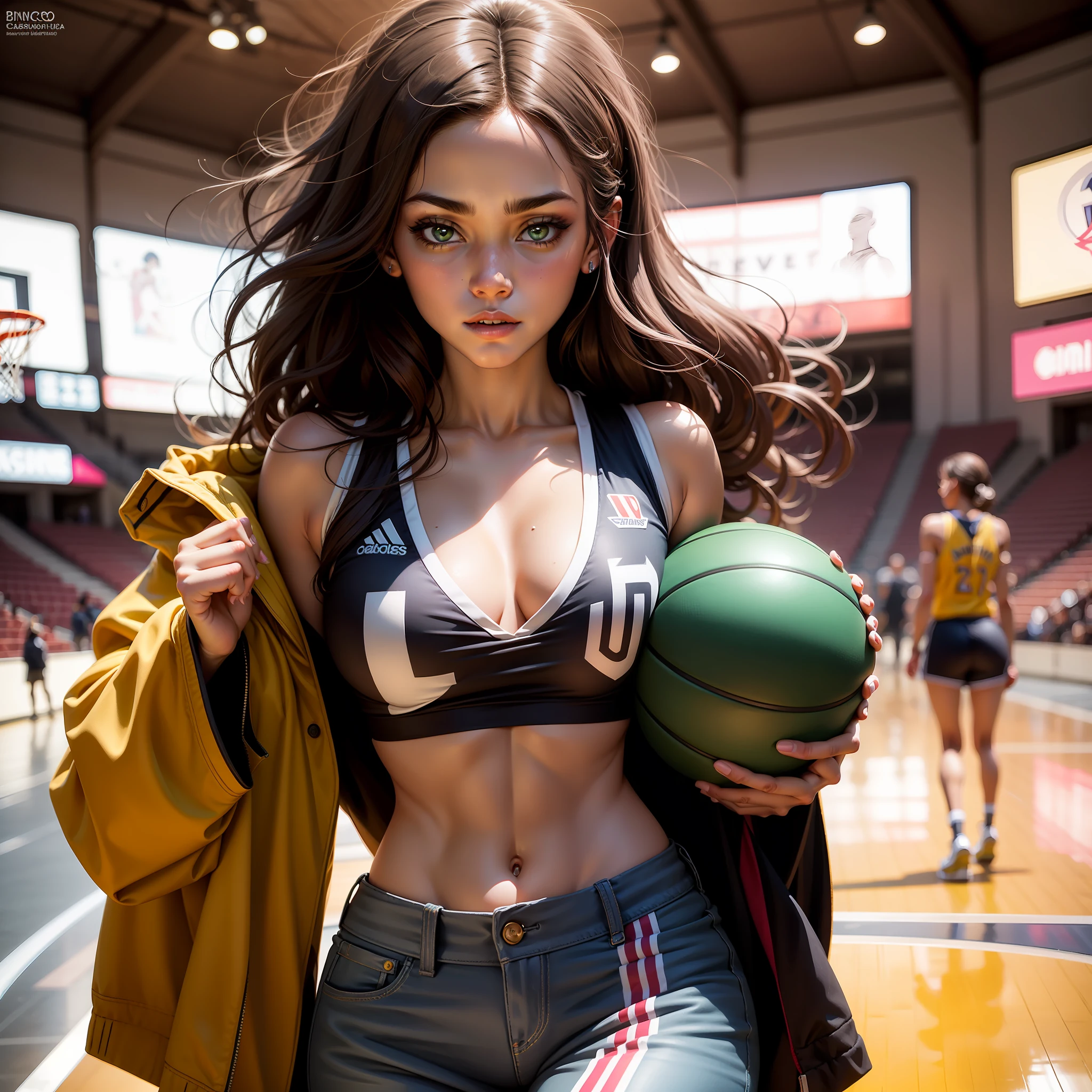 Uma mulher solo, pele morena bronzeada, cabelo preto curto, big pink lips, olhos verdes, olhando para o espectador, seios grades, coxas grossas, cintura fina, showing she gives waist up, uma pose sensual, ela vestida com a camisa amarela dos Lakers de basquete, Behind her is an empty basketball stadium, Angelical's face expression, todo bem detalhado