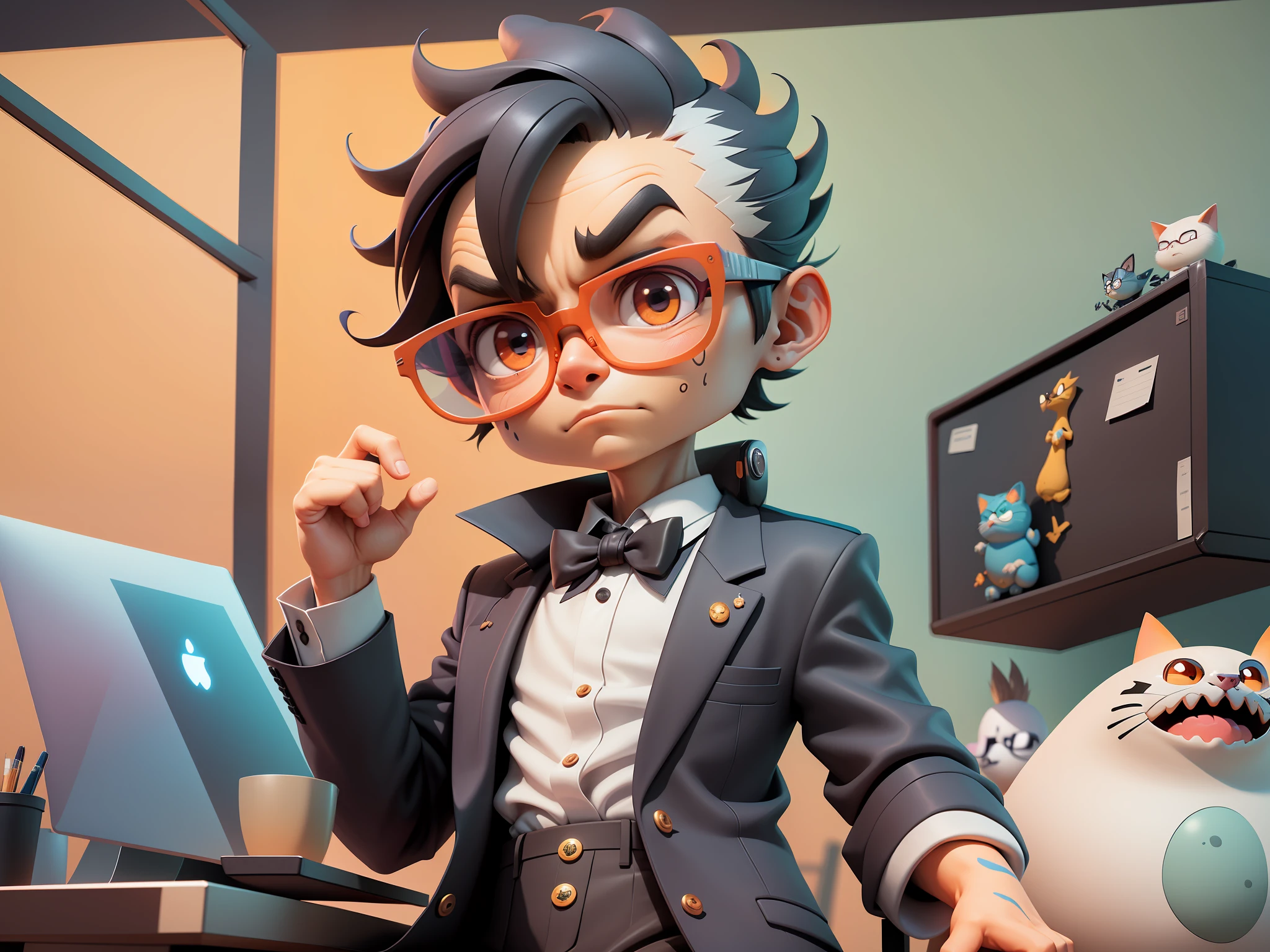 A young man in a suit, Short hair and glasses sat at his desk,holding laptop,digitial painting,tigre,3D character design by Mark Clairen and Pixar and Hayao Miyazaki and Akira Toriyama,4K HD illustration,Very detailed facial features and cartoon-style visuals。