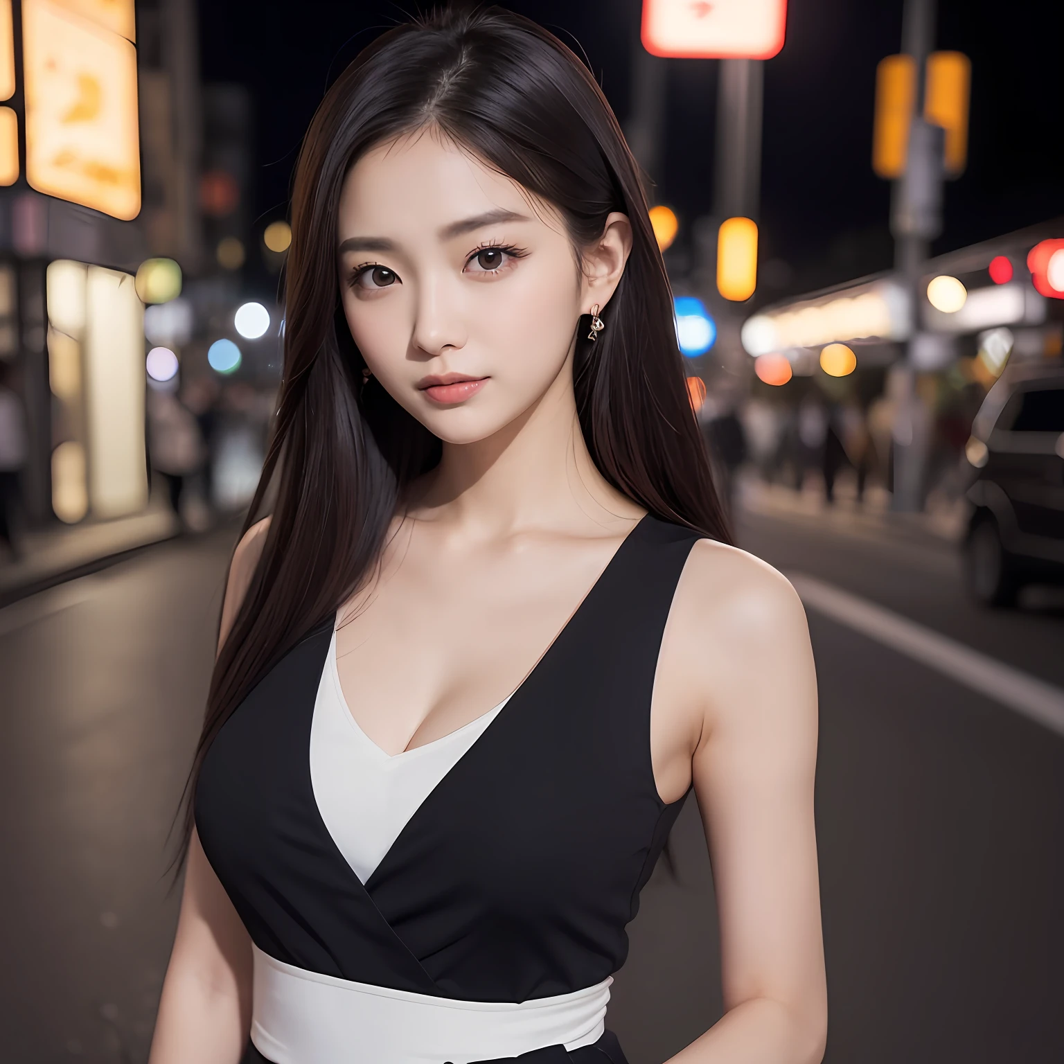 One lady、((best qualtiy、8k masterpieces:1.3))、foco nítido:1.2、(ultra beautiful faces:1.0)、(shinny skin:1.0)、photos realistic、A dark-haired、Video Lighting、High-definition eyes and face、Video Lighting、(Korean Cute Actress)、from the front side、medium breasts、ssmile、Sleeveless、Slender Abs Beauty、Whole body、Wearing a white blouse、in tokyo at night