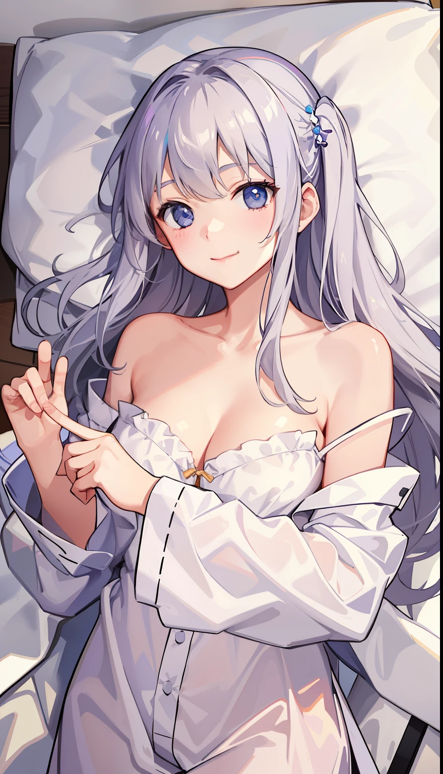 1girl in、A smile、A delightful! Cute white pajamas、dressing gown、(small tits)、Sleeping in large letters、Upper body portrait、