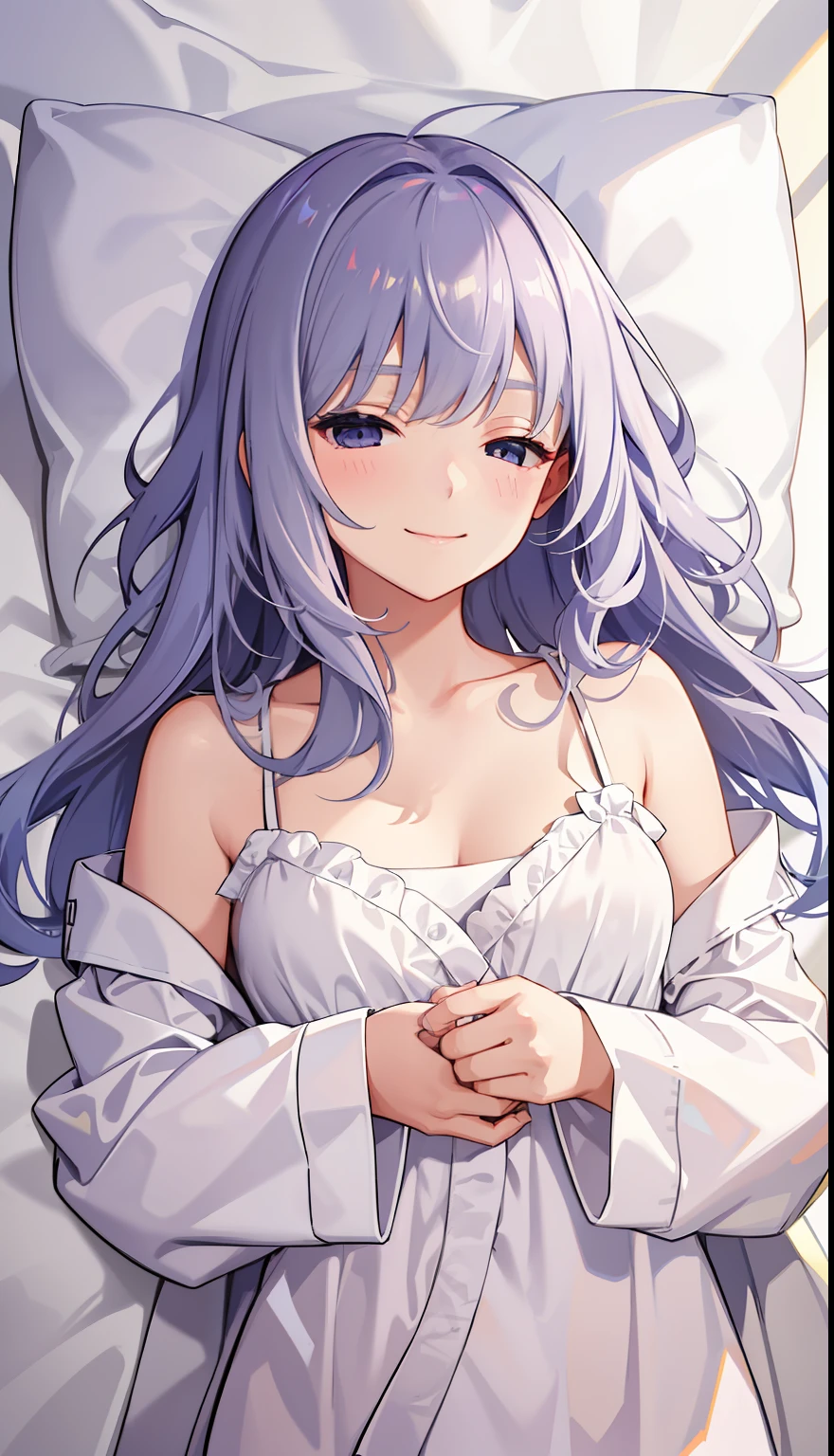 1girl in、A smile、A delightful! Cute white pajamas、dressing gown、(small tits)、Sleeping in large letters、Upper body portrait、