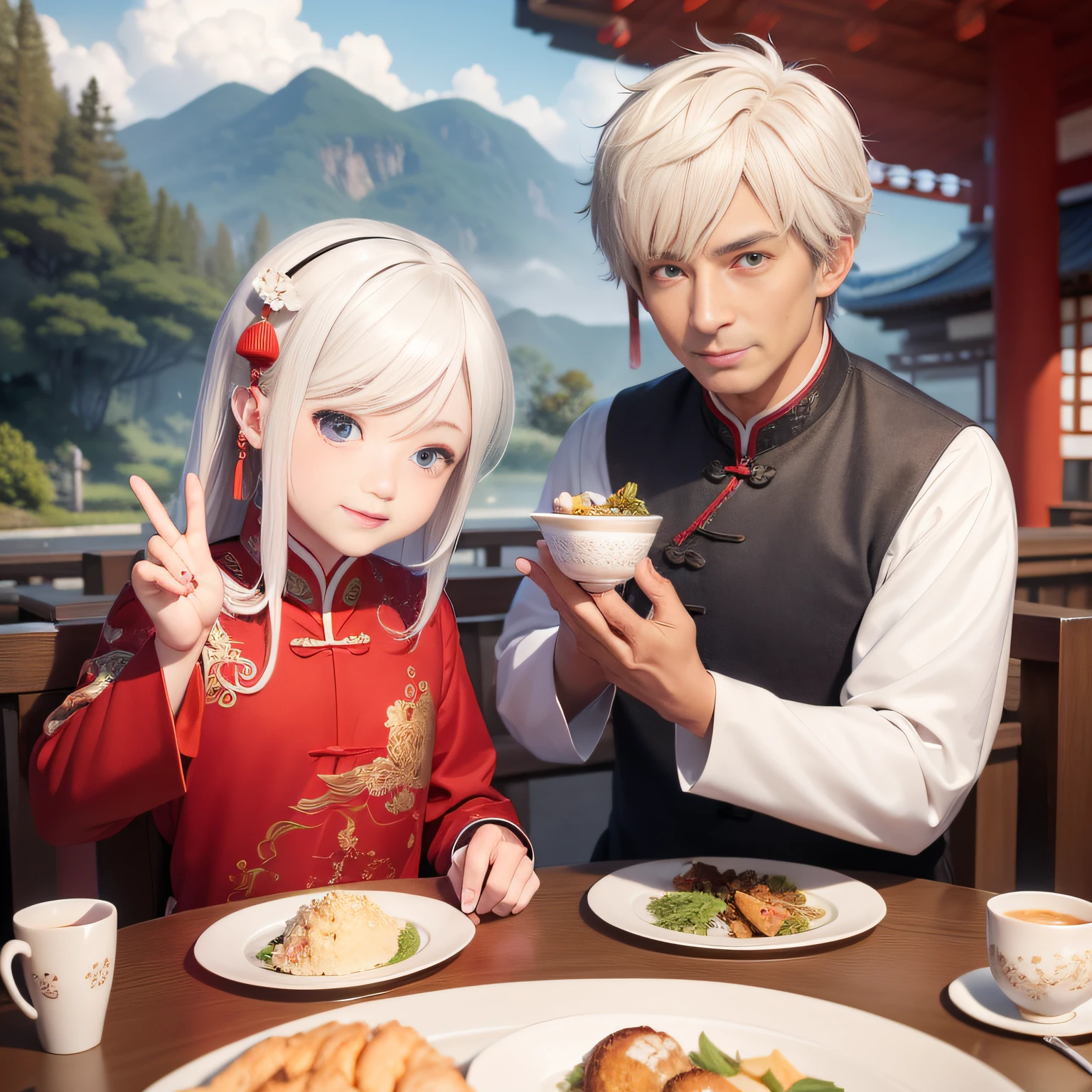 8K，tmasterpiece，Natural lighting，ancient chinese background，High hills，Cloud fog，rios，sitting before a table，Chicken cup，Outdoor photography，sface focus，detailed face with，facial wrinkle，Relaxed expression，（2 people），Opposite，Male elderly，White hair，Hairpins，Chinese Han dynasty costumes，Boy