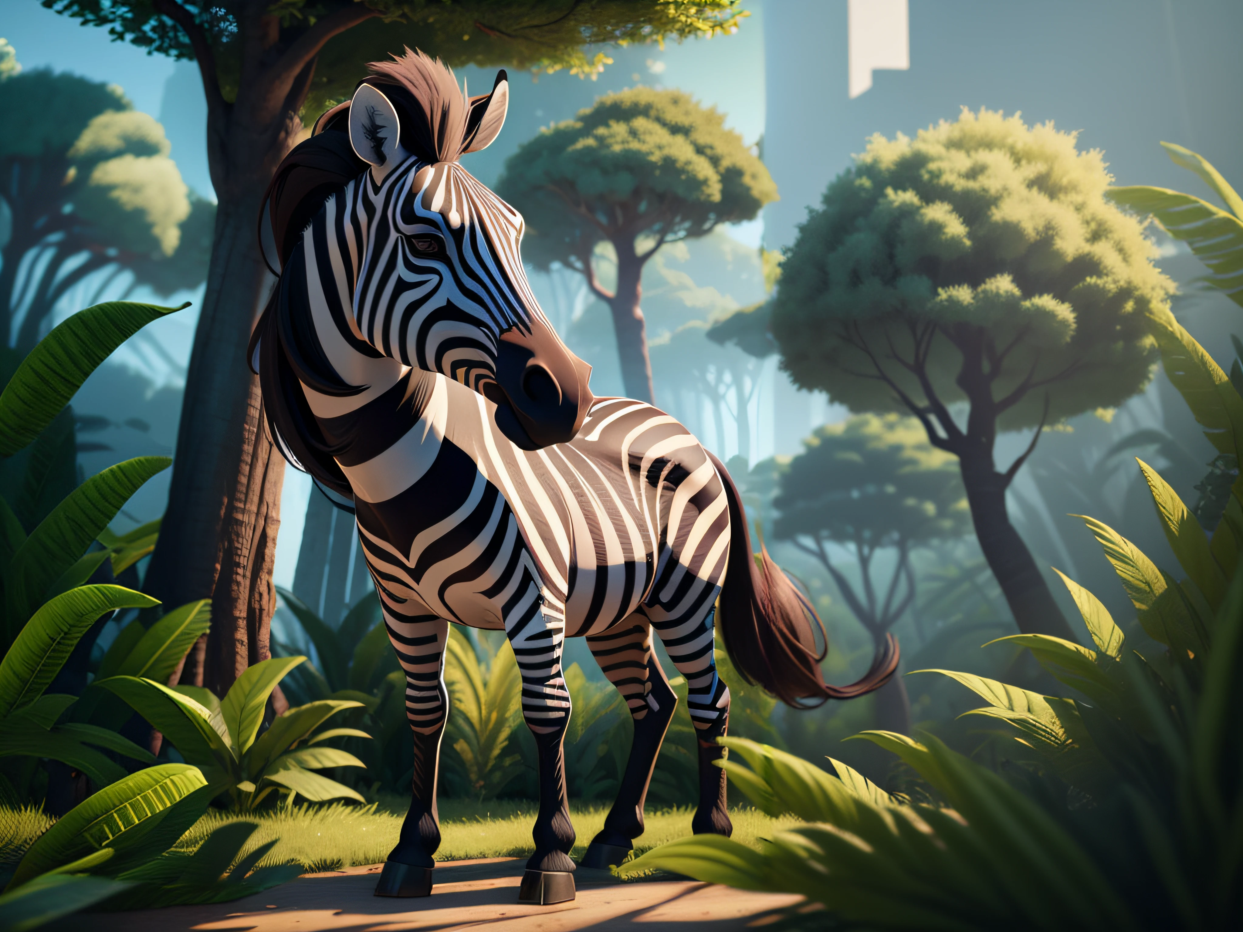 Zebras standing in a jungle with trees and shrubs in the background, 3D estilizado, stylized as a 3d rendering, "Retrato de um animal de desenho animado, 3 d render stylized, 3 d epic illustrations, zebra, painting digital adorable, realista estilo 3d, 3d rendering stylized, desenho animado altamente detalhado, ultra realistic 3d illustration, arte de fundo