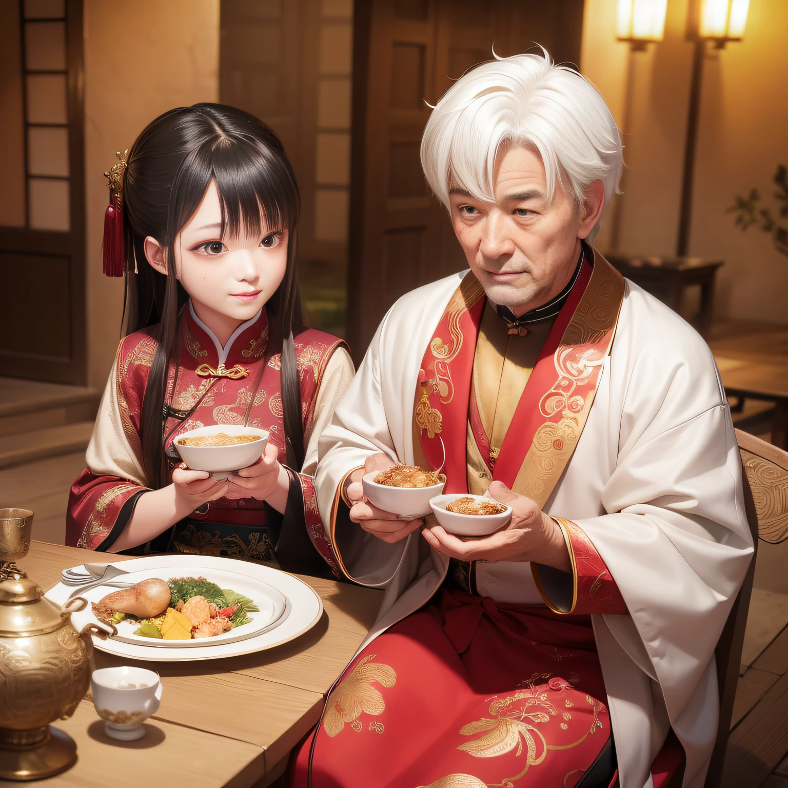 8K，tmasterpiece，Natural lighting，ancient chinese background，High hills，Cloud fog，rios，sitting before a table，Chicken cup，Outdoor photography，sface focus，detailed face with，facial wrinkle，Relaxed expression，（2 people），Opposite，Male elderly，White hair，Hairpins，Chinese Han dynasty costumes，Boy