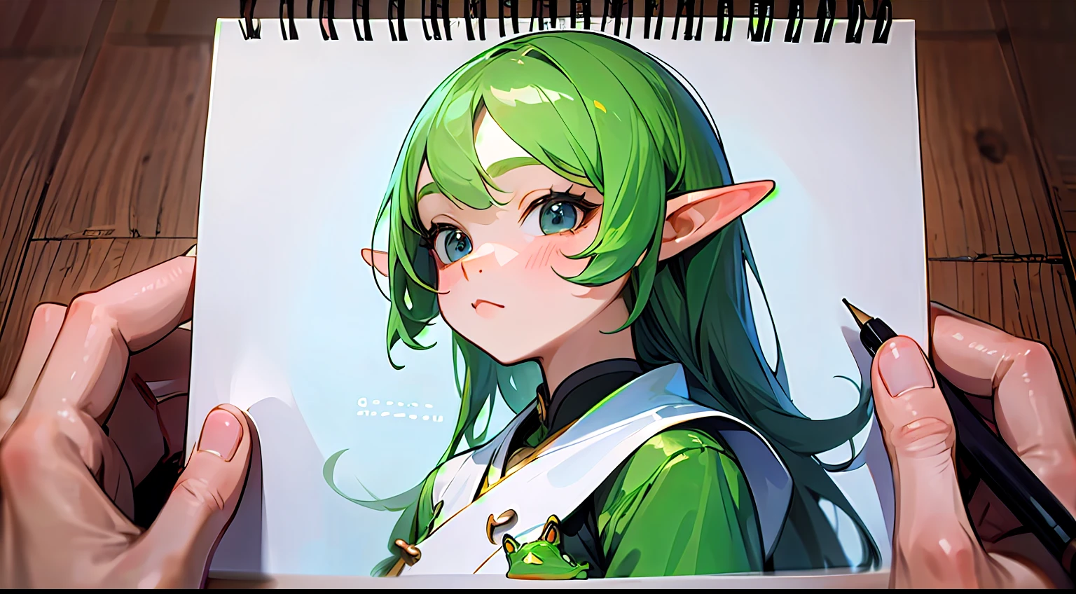 Cute elf character drawn in realistic hand drawn style、I like frogs、私はカエルの可愛い❤帽子をかぶっています