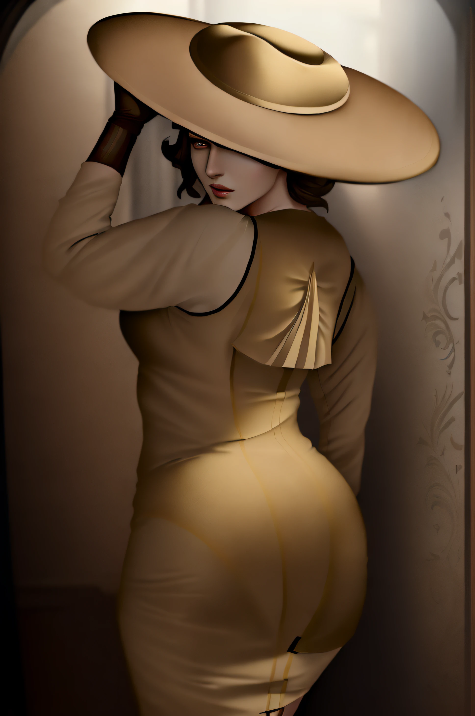 ((masterpiece, best quality)), ((Lady Dimitrescu from Resident Evil 8 in her beige elaborate long-dress and beige wide brimmed hat)), black gloves, standing in ornate bedroom, yellow eyes, (well lit room), ((Visible panty line)), comic book art style, intricate details