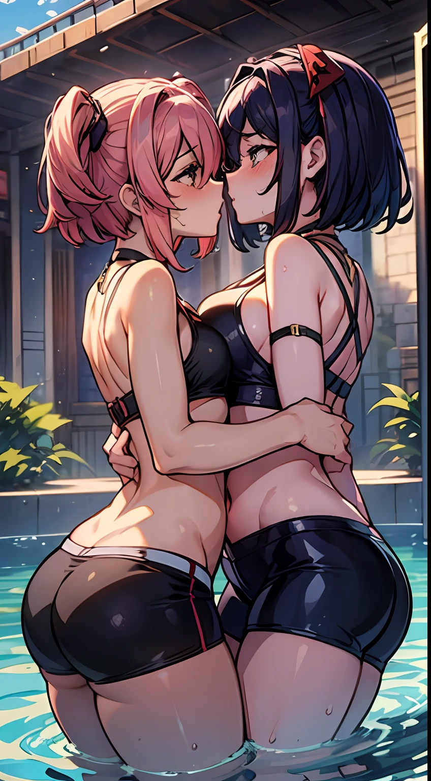 Two women having fun by the pool, lewd: 1,2, hentai: 1,2, NSFW: 1,2, lesbian micah: 1,2, grabbing each other's ass, kissing, blushing, wet sleeveless t-shirt, shorts, anatomically correct