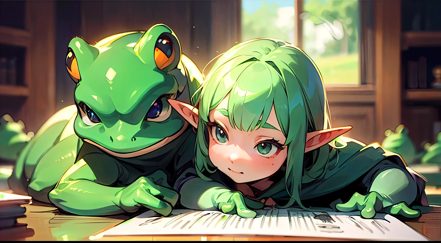 Cute elf character drawn in realistic hand drawn style、I like frogs、私はカエルの可愛い❤帽子をかぶっています
