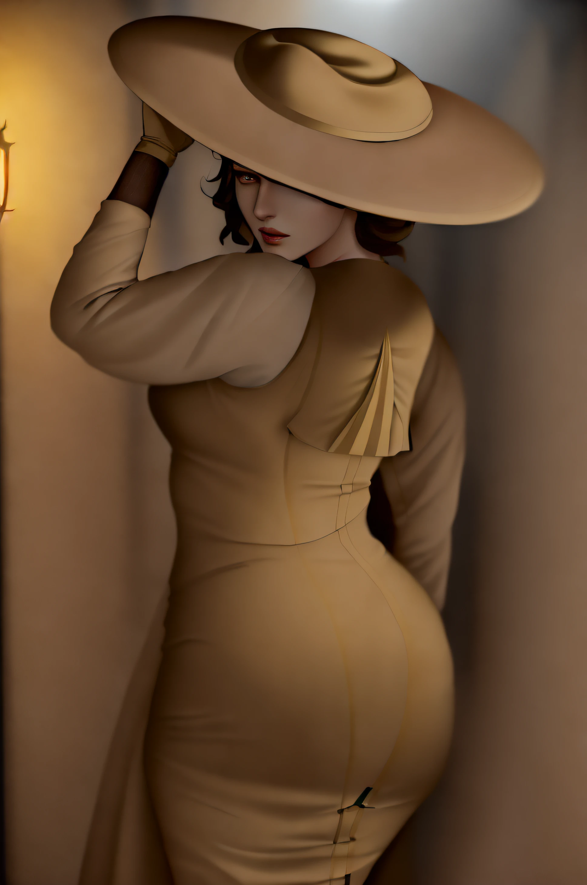 ((masterpiece, best quality)), ((Lady Dimitrescu from Resident Evil 8 in her beige elaborate long-dress and beige wide brimmed hat)), black gloves, standing in ornate bedroom, yellow eyes, (well lit room), ((Visible panty line)), comic book art style, intricate details