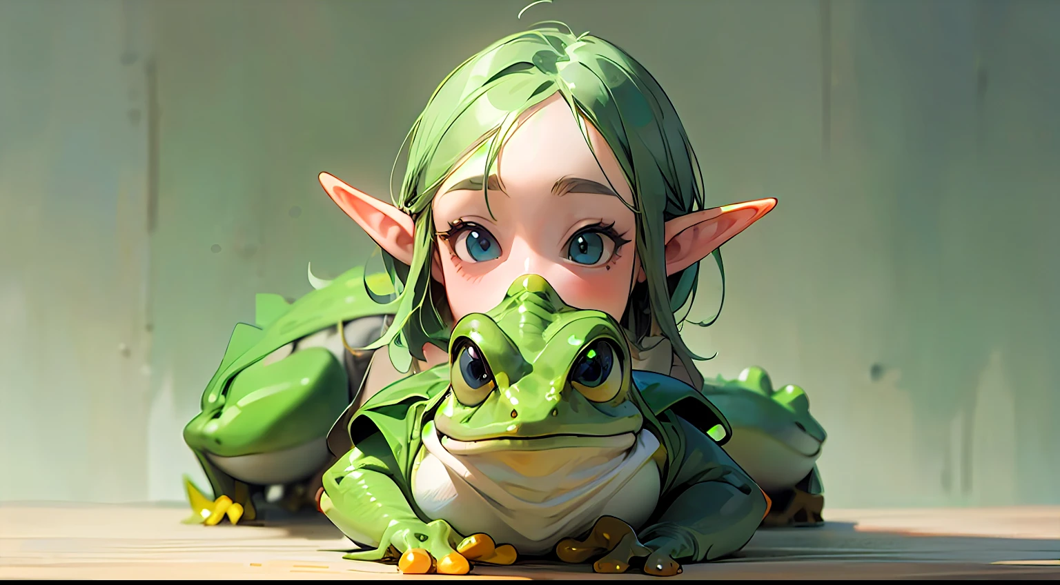 Cute elf characters drawn in realistic hand-drawn style、I like frogs、私はカエルの可愛い❤帽子をかぶっています