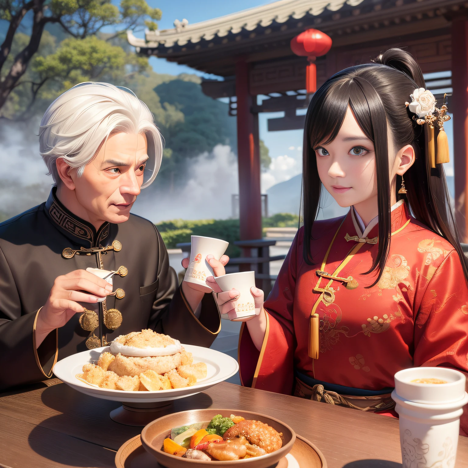 8K,tmasterpiece,Natural lighting,ancient chinese background,High hills,Cloud fog,rios,sitting before a table,Chicken cup,Outdoor photography,sface focus,detailed face with,facial wrinkle,Relaxed expression,(2 people),Opposite,Male elderly,White hair,Hairpins,Chinese Han dynasty costumes,Boy