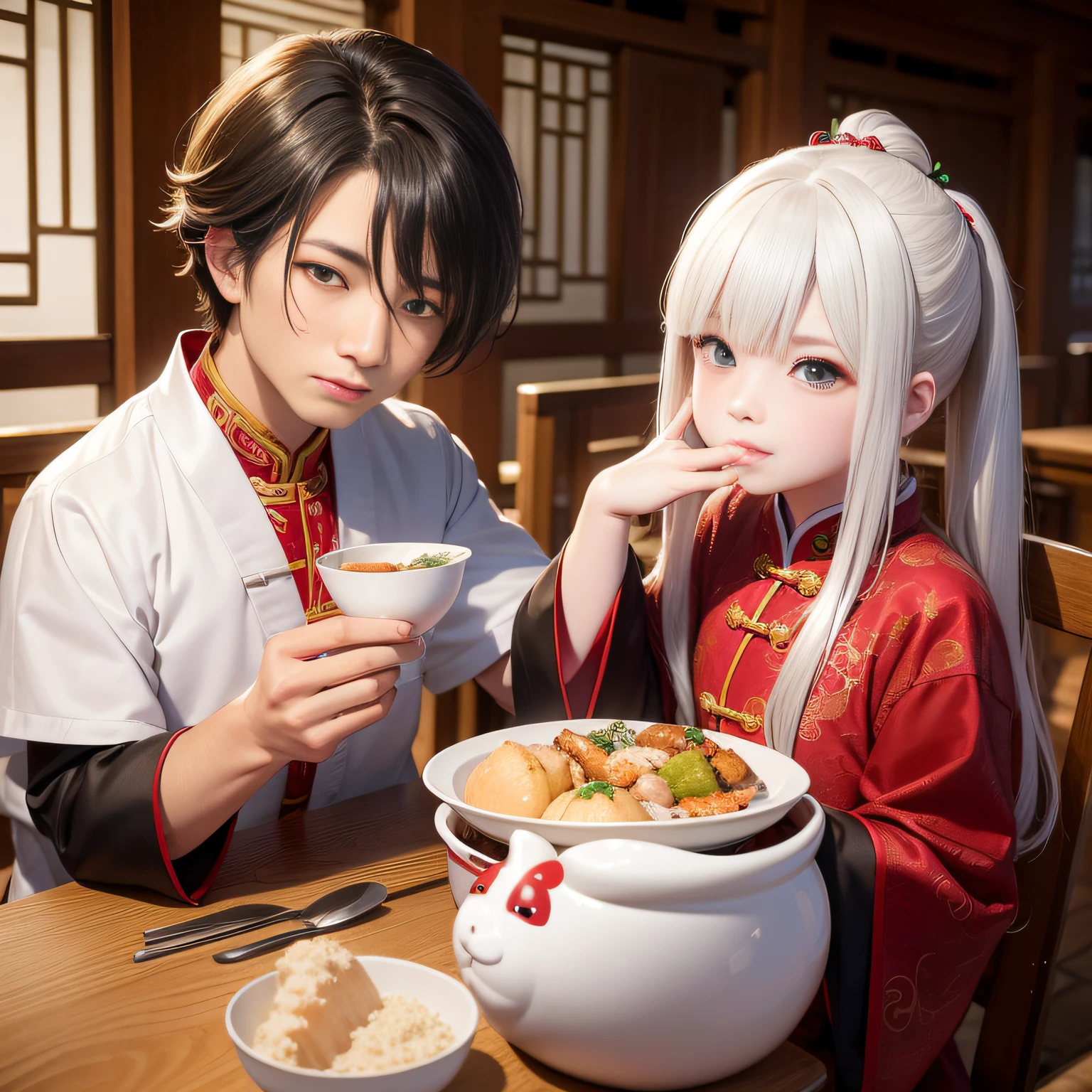 8K，tmasterpiece，Natural lighting，ancient chinese background，High hills，Cloud fog，rios，sitting before a table，Chicken cup，Outdoor photography，sface focus，detailed face with，facial wrinkle，Relaxed expression，（2 people），Opposite，Male elderly，White hair，Hairpins，Chinese Han dynasty costumes，Boy