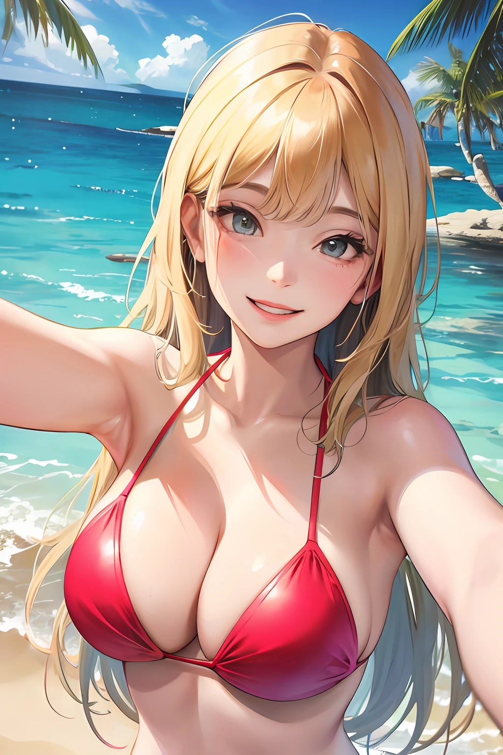 Realistic, single girl selfie, wearing bikini, big breasts, smiling face