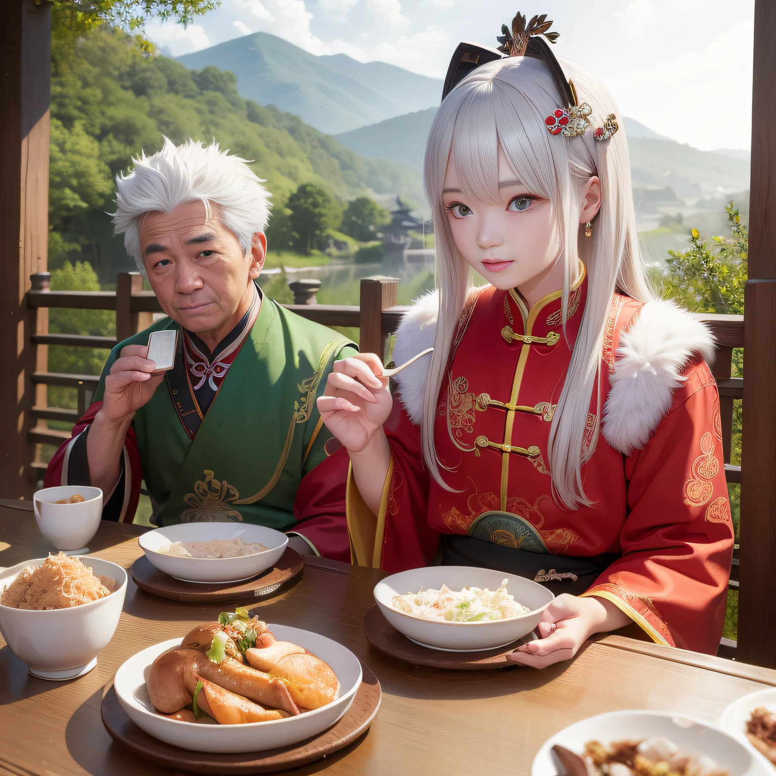 8K，tmasterpiece，Natural lighting，ancient chinese background，High hills，Cloud fog，rios，sitting before a table，Chicken cup，Outdoor photography，sface focus，detailed face with，facial wrinkle，Relaxed expression，（2 people），Opposite，Male elderly，White hair，Hairpins，Chinese Han dynasty costumes，Boy