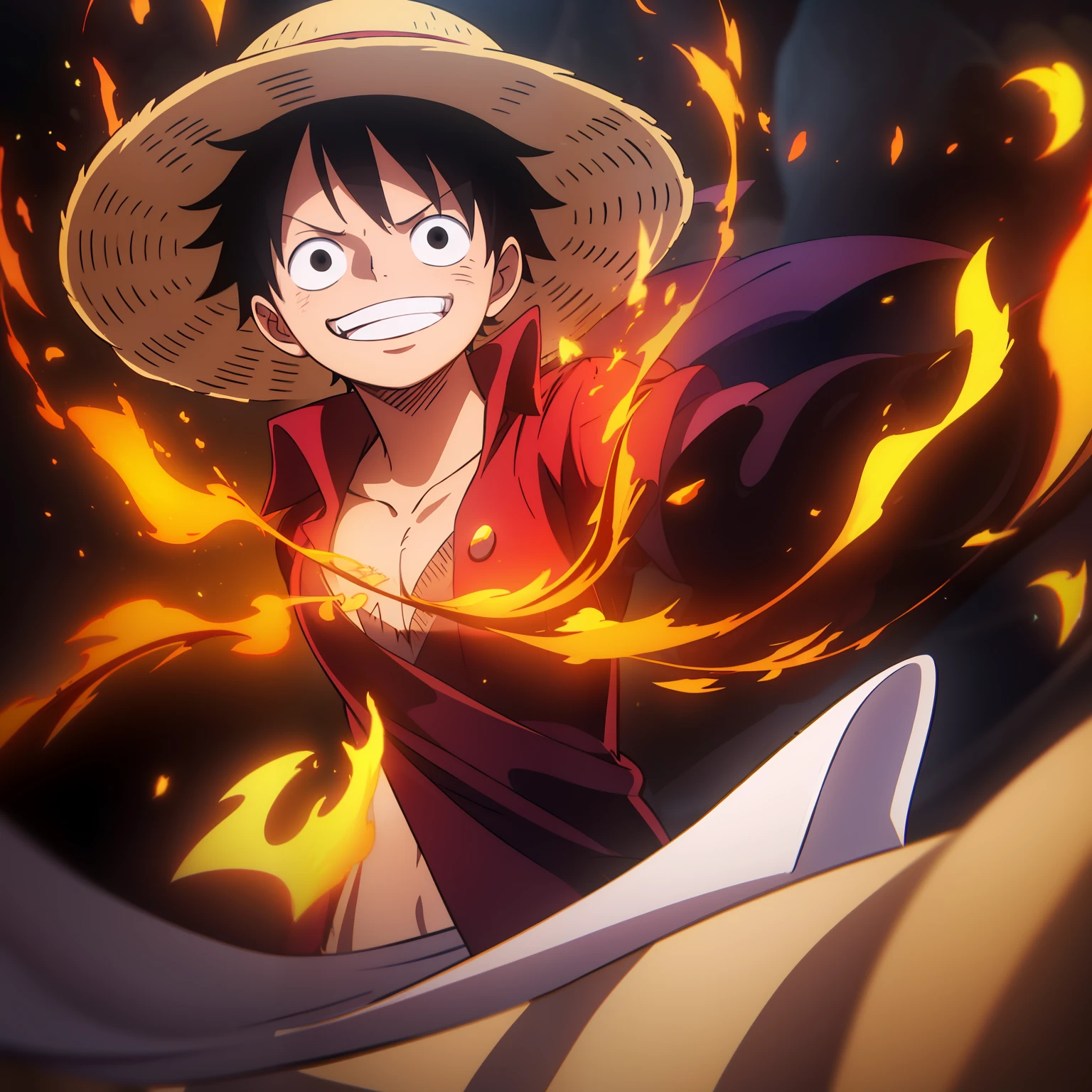 1boy, wanostyle, monkey d luffy, smiling, straw hat, looking at viewer, solo, upper body, ((masterpiece)), (best quality), (extremely detailed), depth of field, sketch, dark intense shadows, sharp focus, soft lighting, hdr, colorful, good composition, fire all around, spectacular, closed shirt, anime screencap, scar under eye, ready to fight, black eyes