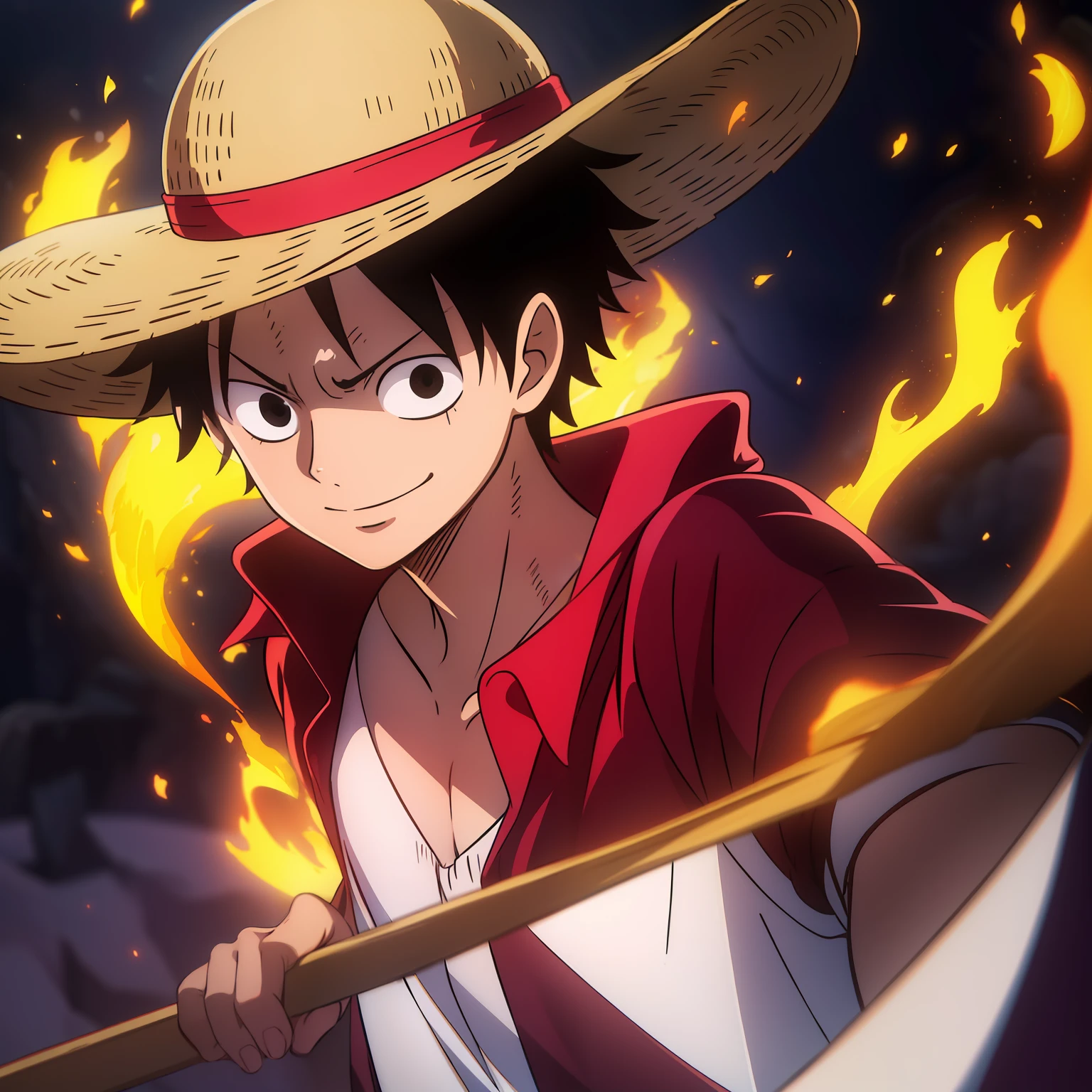 1boy, wanostyle, monkey d luffy, smiling, straw hat, looking at viewer, solo, upper body, ((masterpiece)), (best quality), (extremely detailed), depth of field, sketch, dark intense shadows, sharp focus, soft lighting, hdr, colorful, good composition, fire all around, spectacular, closed shirt, anime screencap, scar under eye, ready to fight, black eyes