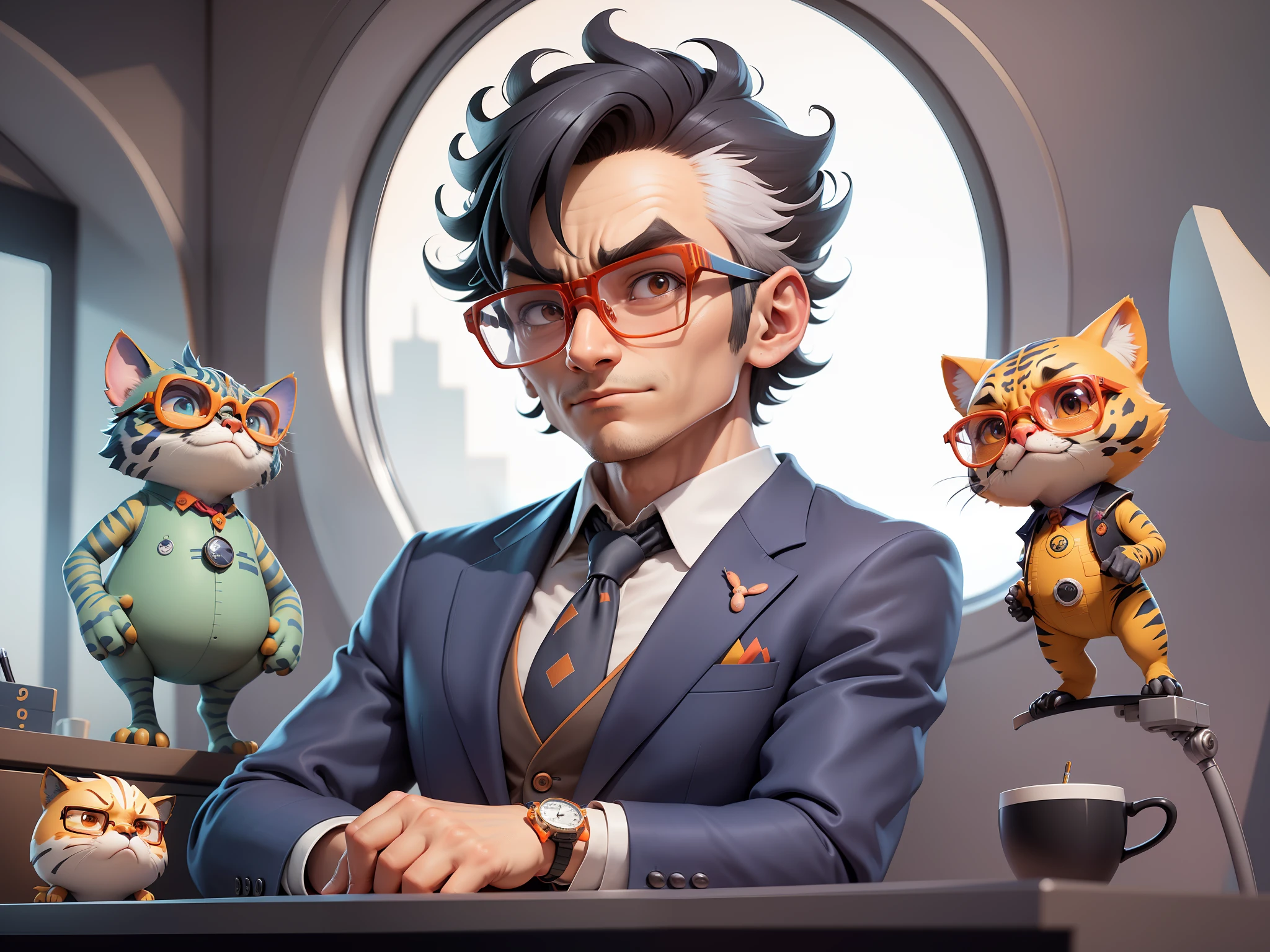 A young man in a suit, Short hair and glasses sat at his desk,holding laptop,digitial painting,tigre,3D character design by Mark Clairen and Pixar and Hayao Miyazaki and Akira Toriyama,4K HD illustration,Very detailed facial features and cartoon-style visuals。