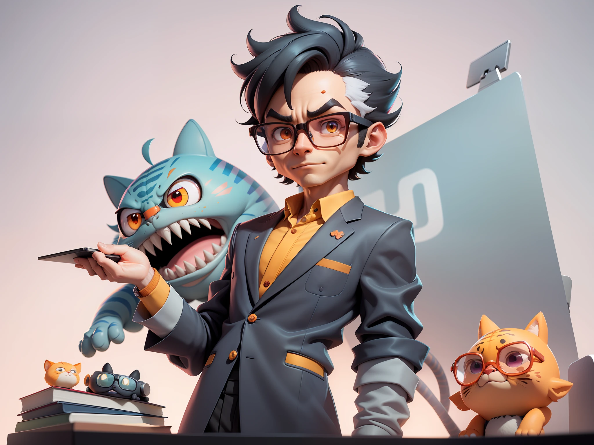 A young man in a suit, Short hair and glasses sat at his desk，holding laptop，digitial painting，tigre，3D character design by Mark Clairen and Pixar and Hayao Miyazaki and Akira Toriyama，4K HD illustration，Very detailed facial features and cartoon-style visuals。