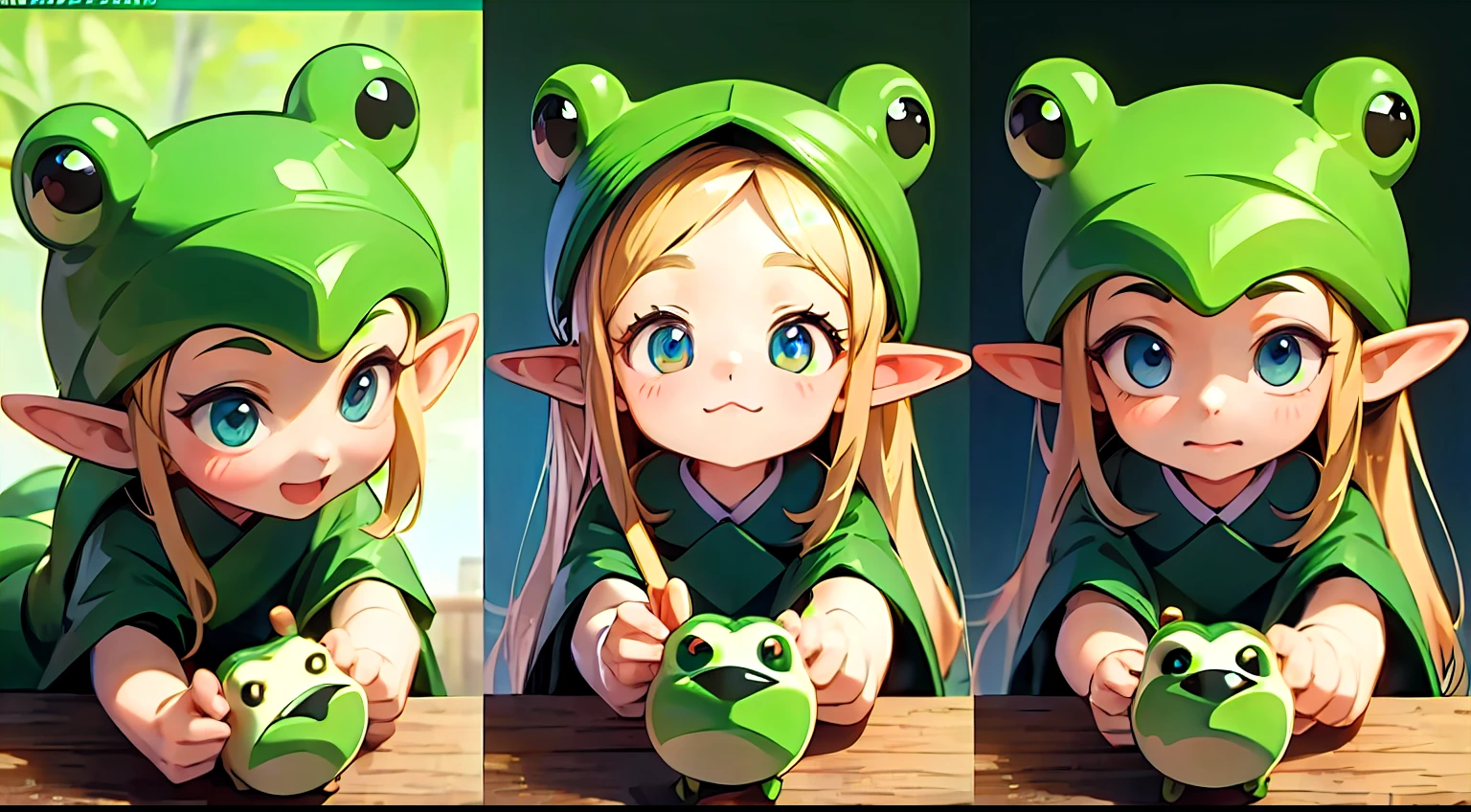Cute elf character drawn in realistic hand drawn style、I like frogs、私はカエルの可愛い❤帽子をかぶっています