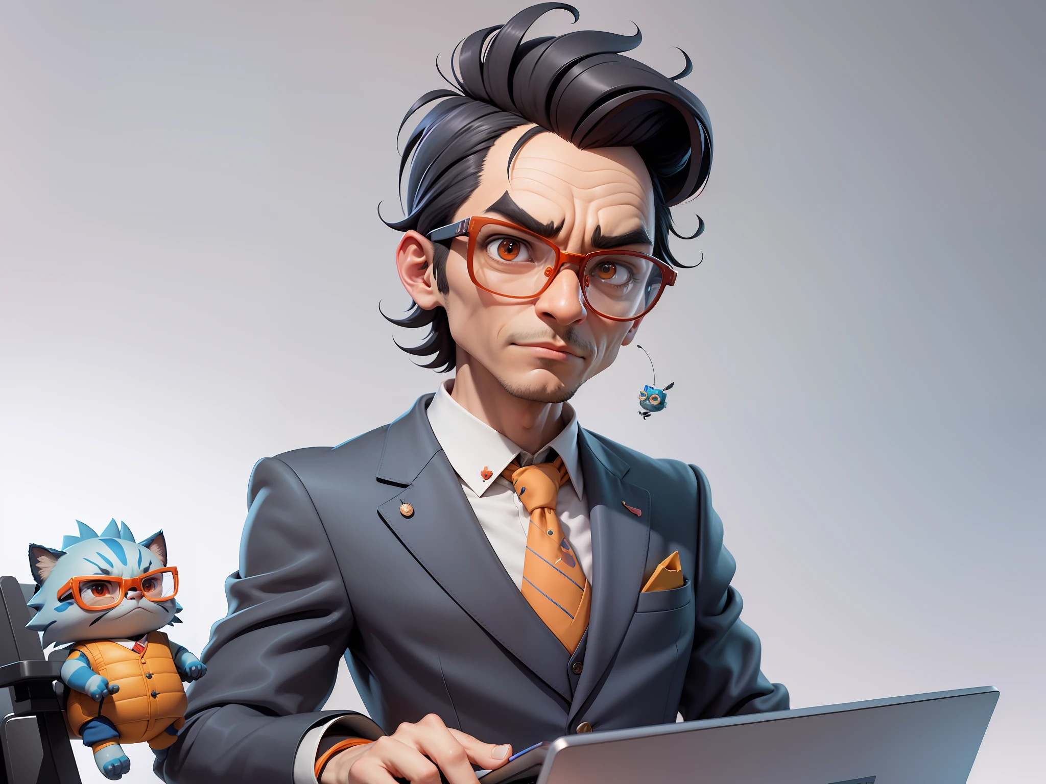 A young man in a suit, Short hair and glasses sat at his desk,holding laptop,digitial painting,tigre,3D character design by Mark Clairen and Pixar and Hayao Miyazaki and Akira Toriyama,4K HD illustration,Very detailed facial features and cartoon-style visuals。