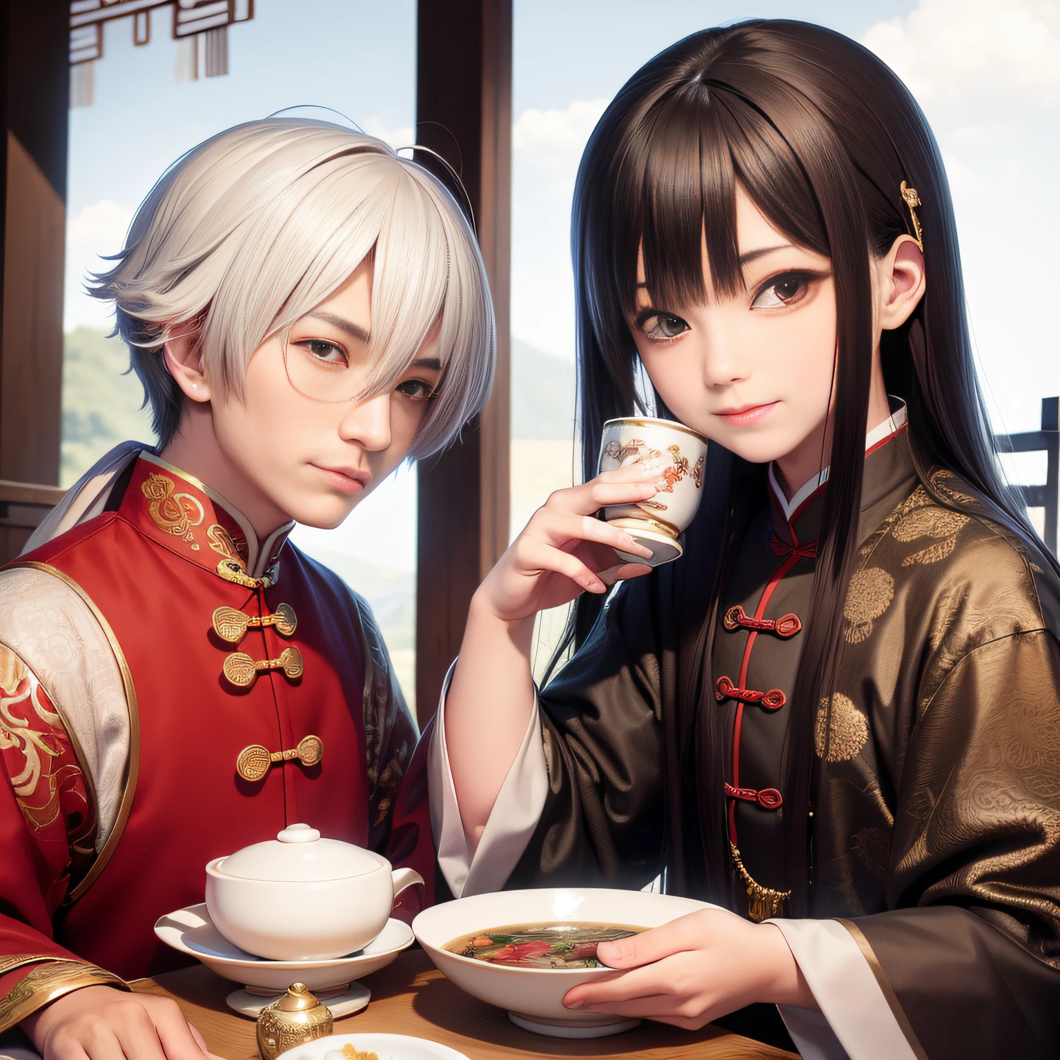 8K,tmasterpiece,Natural lighting,ancient chinese background,High hills,Cloud fog,rios,Sit at the tea table,Chicken cup,Outdoor photography,sface focus,detailed face with,facial wrinkle,Relaxed expression,(2 people),Opposite,Male elderly,White hair,Hairpins,Chinese Han dynasty costumes,Boy